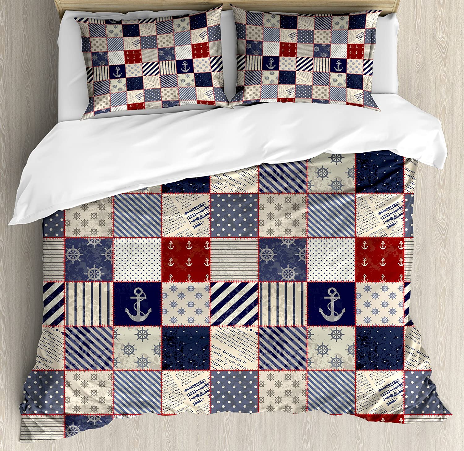 Price:$49.97 Patchwork Duvet Cover Set, Checkered Pattern with Pale Nautical Design Elements Grunge Effect, Decorative 3 Piece Bedding Set with 2 Pillow Shams, King Size, Navy Blue Vermilion Beige : Home & Kitchen