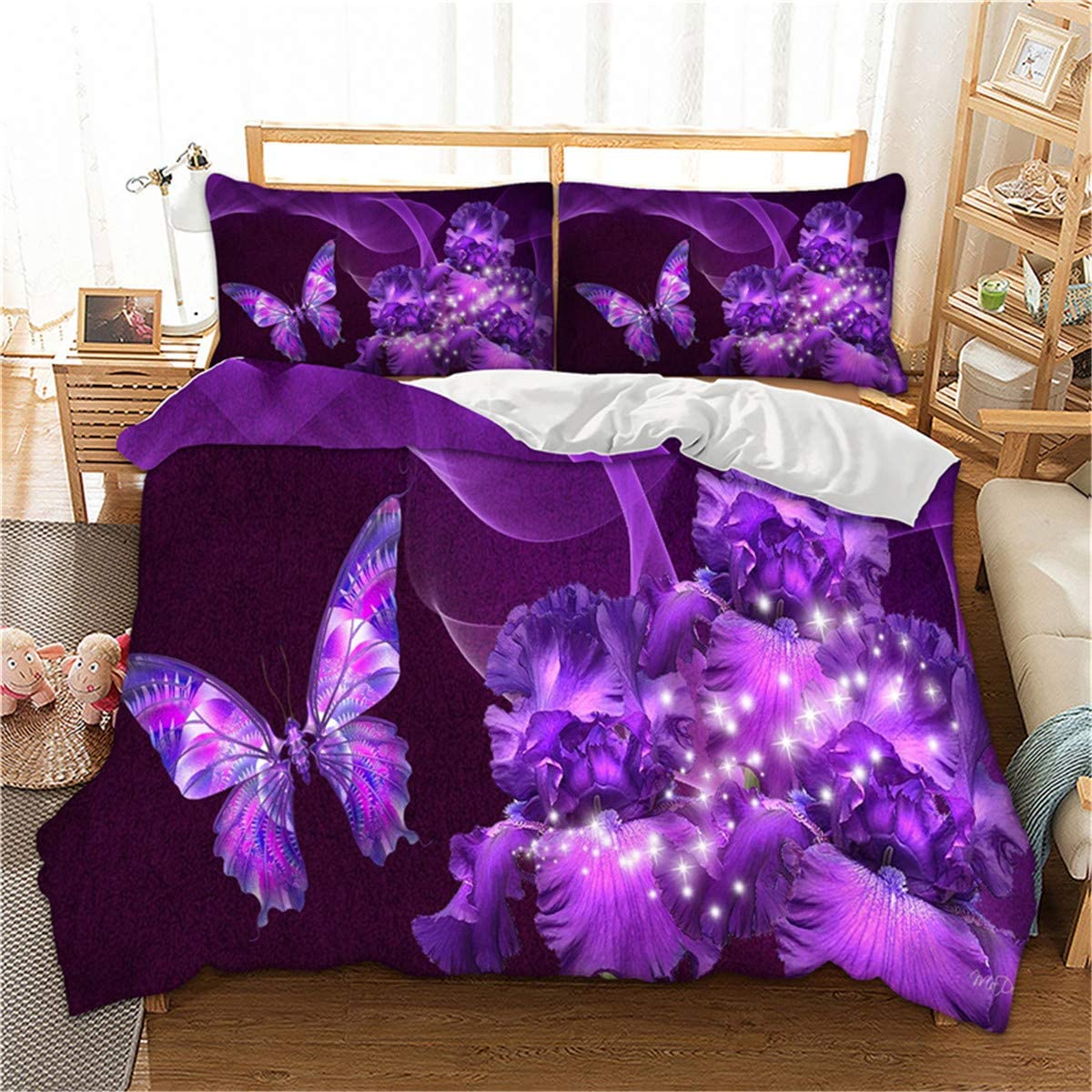 Price:$32.89 Bedding Duvet Cover with Zipper Closure-3D Galaxy Butterfly Floral Printed Bedding Comforter Cover, King (90"x103")- 3Pieces (1 Duvet Cover +2 Pillowcases) -Soft Microfiber : Home & Kitchen