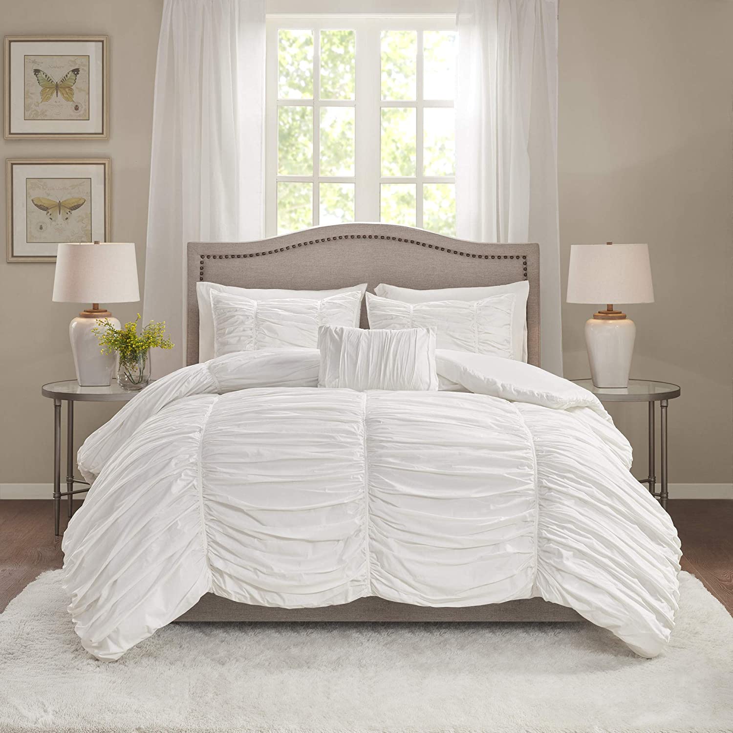 Price:$128.88 Park Comforter Set-Textured Luxury Design All Season Down Alternative Bedding, Matching Sham, Decorative Pillows, Queen (90 in x 90 in), Delancey, Cotton Ruched White, 4 Piece : Home & Kitchen