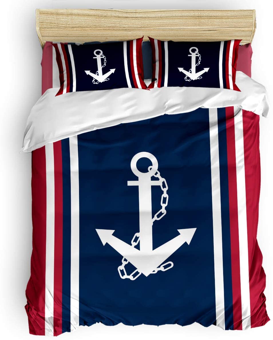 Price:$76.99 Pieces Duvet Cover Set (1 Duvet Cover+2 Pillow Shams+1 Bed Sheet) Nautical Navy Blue Anchor with Red White Stripe Bedding Set with Zipper Closure Queen Size : Home & Kitchen
