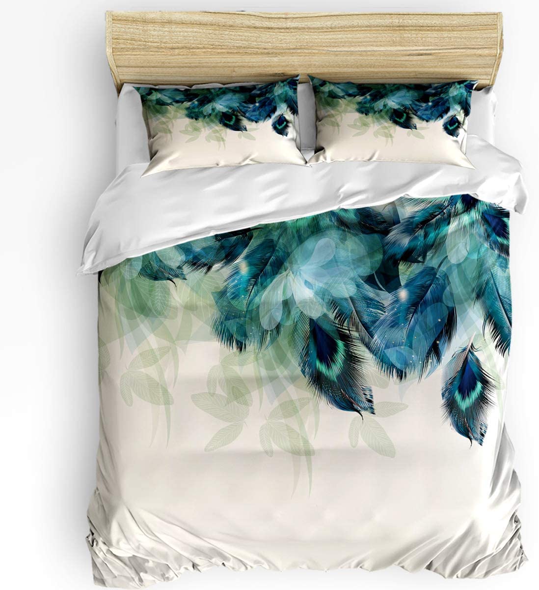 Price:$80.99 Soft Bedding Set Includes 1 Duvet Cover and 2 Pillow Shams Peacock Feather Teal Blue Turquoise Floral Green Leaf All Seasons 3 Piece Duvet Cover Set Cozy Cover with Zipper California King : Home & Kitchen
