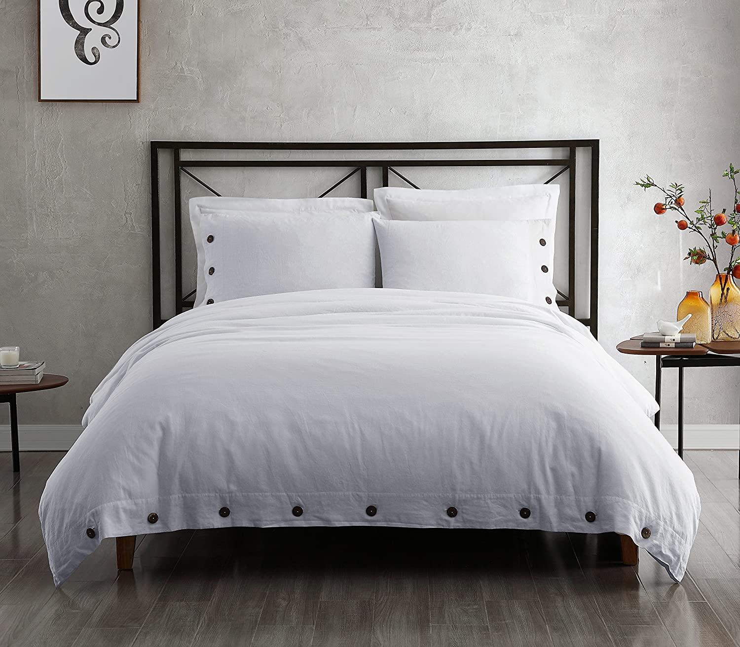 Price:$44.95 Reaction 3pc Duvet Cover Set /55% Premium Linen / 45% Cotton /Button Design | White | Full/Queen : Home & Kitchen