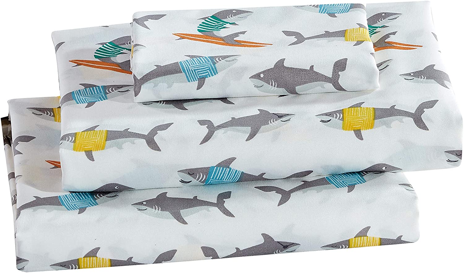 Price:$29.99 Linen Kids Boys Girls Toddlers Teens Children Bed Sheet Set Includes Flat, Fitted, and Pillowcase, Super Soft Microfiber Printed Bedding Sheets, 4 Piece Queen Size, Surfing Shark : Home & Kitchen