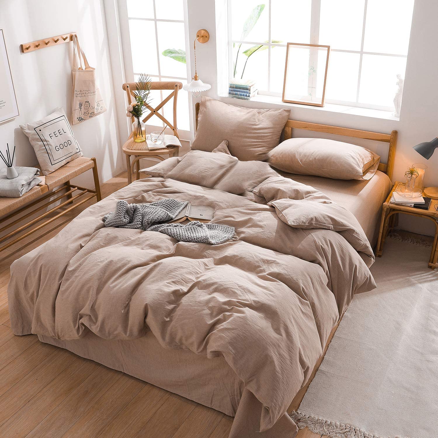 Price:$53.99 Washed Cotton Duvet Cover 3 Pieces Set, Yarn Dyed Washed Cotton, Pure Cotton, Queen Set, Super Soft, Cream Claasic Solid Color 90x90 with sham, Button Hide Closure : Home & Kitchen