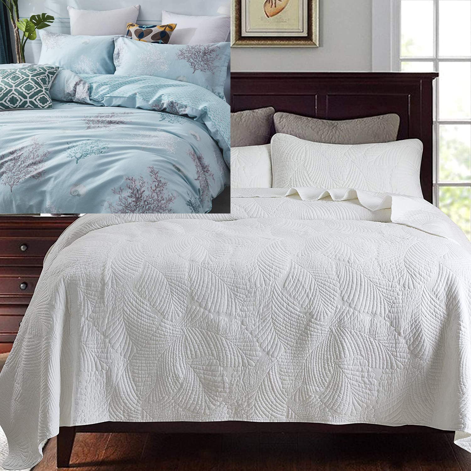 Price:$182.00 Palm Leaf Bed Quilt Set Coastal Beach Duvet Cover Set Plus Queen Size 6-Piece Cotton : Home & Kitchen