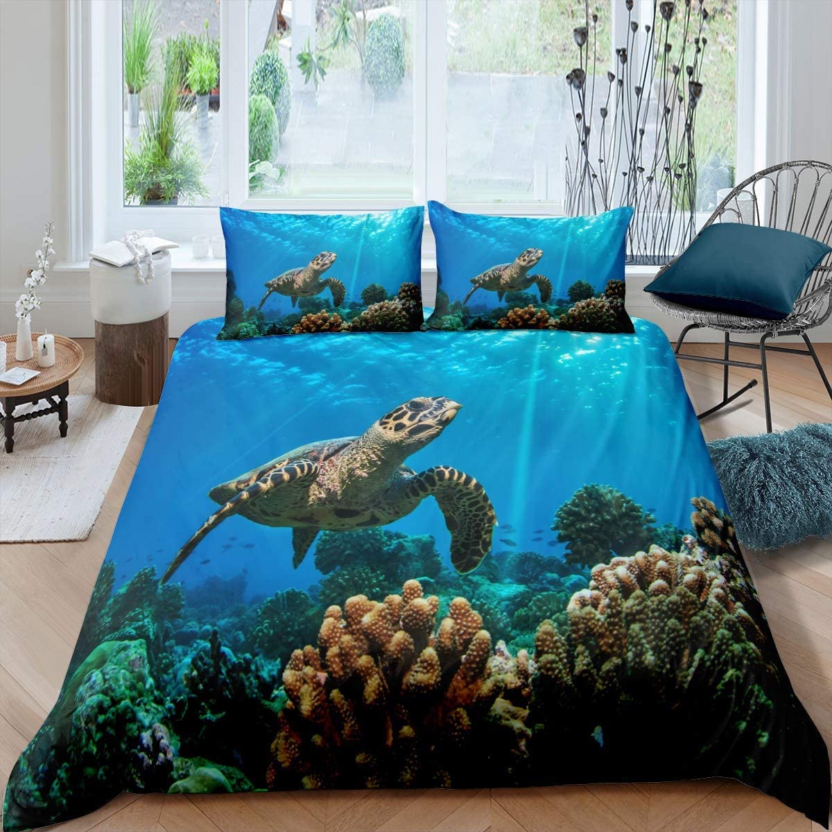 Price:$42.00 Sea Turtle Duvet Cover, Tortoise Print Bedding Set, Reptile Quilt Cover, Underwater World Oasis Ocean Animal Comforter Cover Full Size, for Kid Adult with Zipper Closure 3 Pcs, Blue : Home & Kitchen