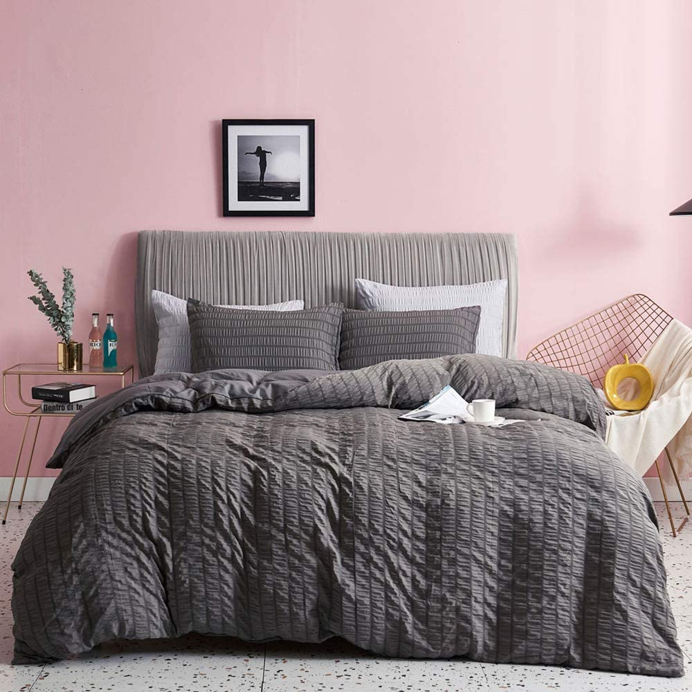 Price:$29.99 Duvet Cover Set, Soft Washed Microfiber, White Seersucker Textured Duvet Cover Set, Queen Bedding Set Solid Color Modern Style Duvet Cover Set with Zipper Closure (Dark Grey, Twin(68''x90'')) : Home & Kitchen