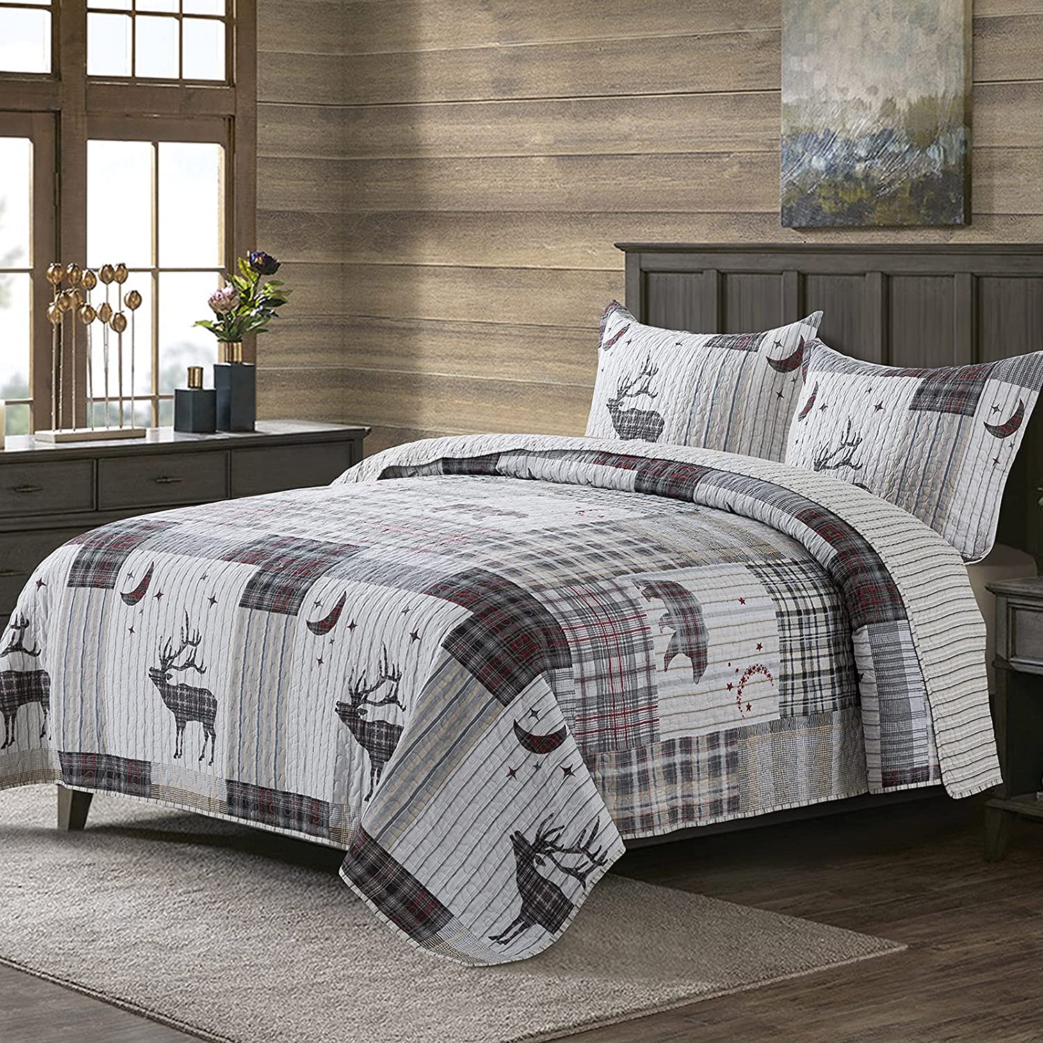 Price:$66.99 Christmas Quilt Set King - 3 Piece Cotton Bedspreads Luxurious Coverlet Lightweight Bedcover Warm Bedding Set All Season Quilts-Moonglade, Grey : Home & Kitchen