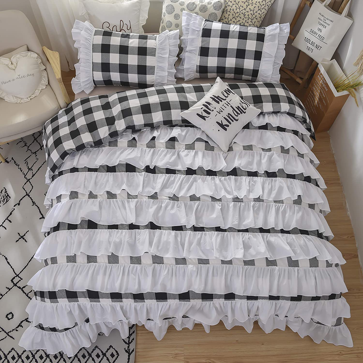 Price:$53.99 Buffalo Bridal Beddings Rustic Shabby Decor Chic Duvet Cover Country Style Home Decor with Plaid Ruffles Pillow Gingham Shams Farmhouse,Black and White,Twin XL : Home & Kitchen