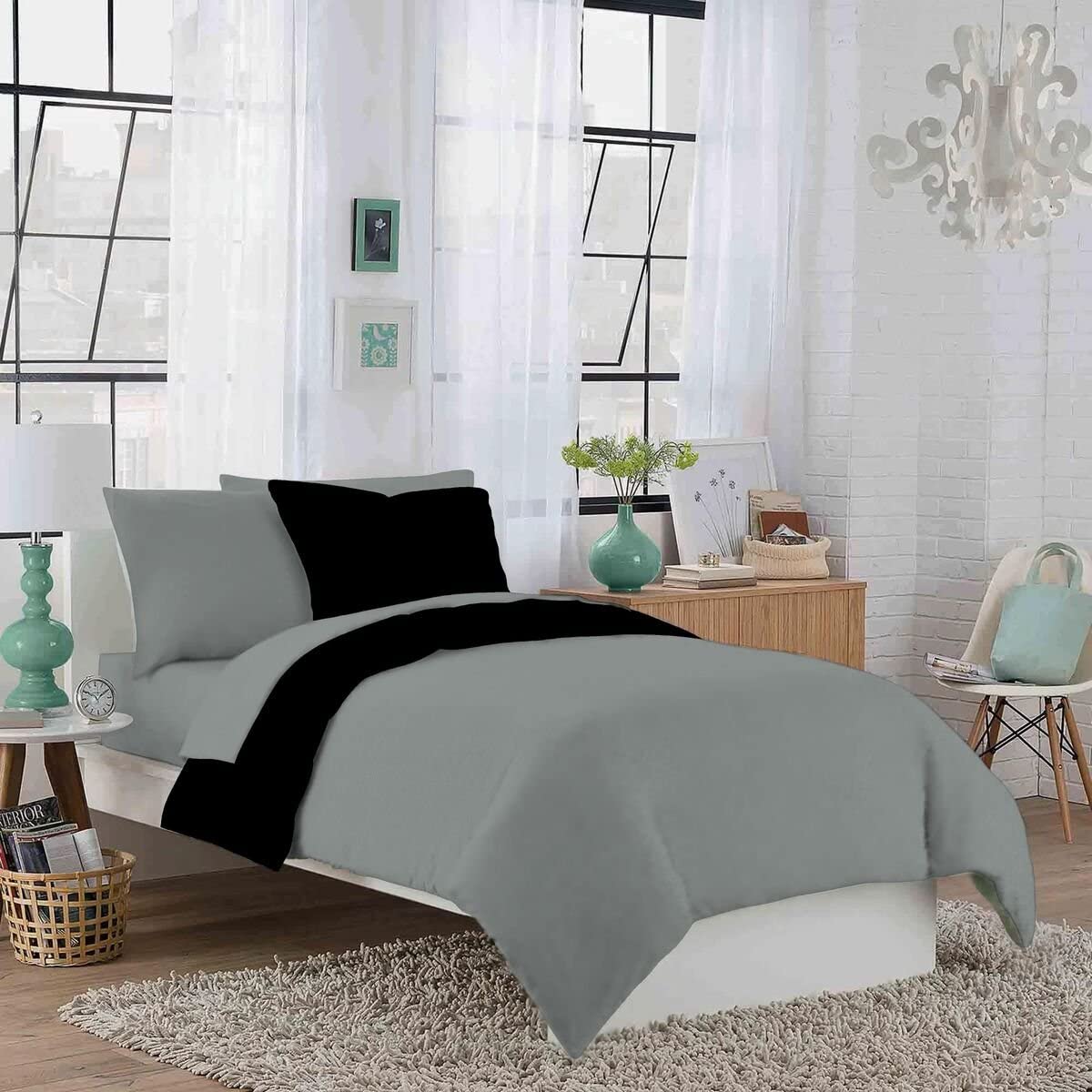 Price:$29.95 Room Twin XL Grey and Black Reversible Duvet Bedding Set - Soft & Comfy 100% Cotton- by Crescent Bedding (Twin XL Grey and Black) : Home & Kitchen