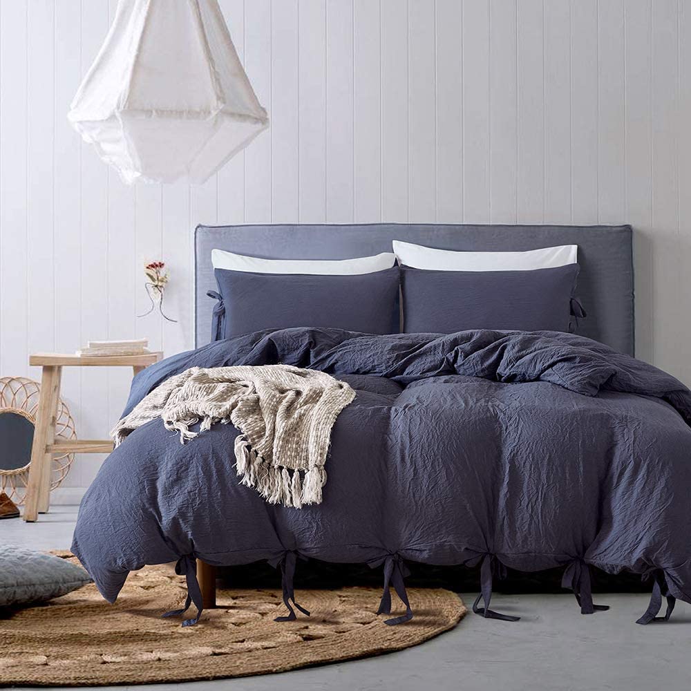 Price:$36.99 Navy Duvet Cover Queen(90x90 Inch),3 Pieces (1 Duvet Cover, 2 Pillowcases) Soft Washed Cotton Bow tie Bowknot Duvet Cover Set, Super Easy Care Duvet Cover with Zipper Closure and Corner Ties : Home & Kitchen
