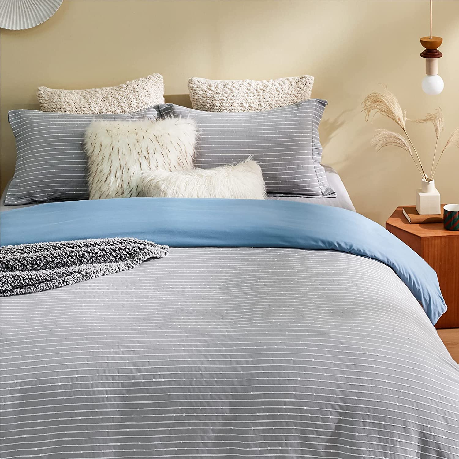 Price:$34.99 Striped Duvet Cover King Size - Grey Duvet Cover Boho, Classic Farmhouse Textured Duvet Cover Set 3 Pieces, 1 Duvet Cover 2 Pillow Shams, 104x90 inches, Grey and Blue : Home & Kitchen