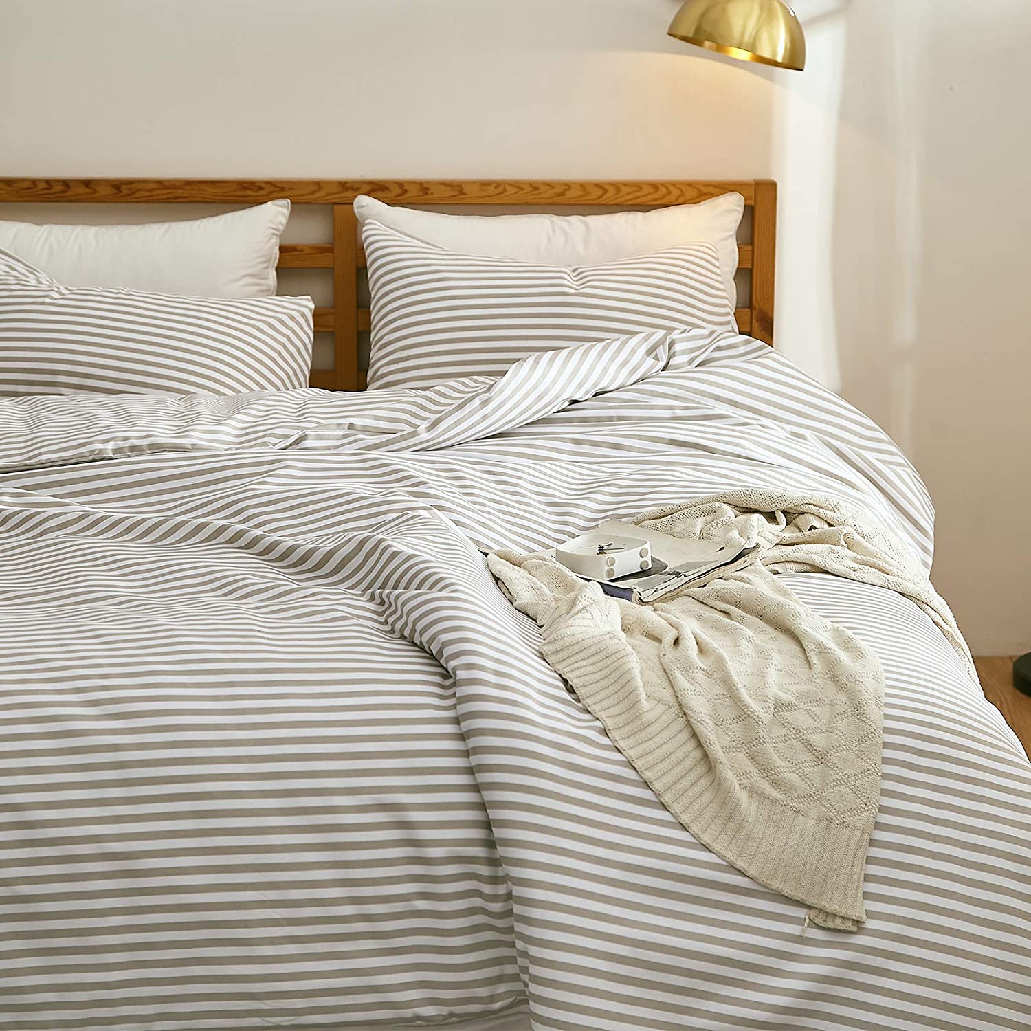 Price:$19.99 Striped Duvet Cover Sets 3 Pieces, Zipper Closure Soft Microfiber Comforter Cover, Beige and White Striped (Queen Size) : Home & Kitchen