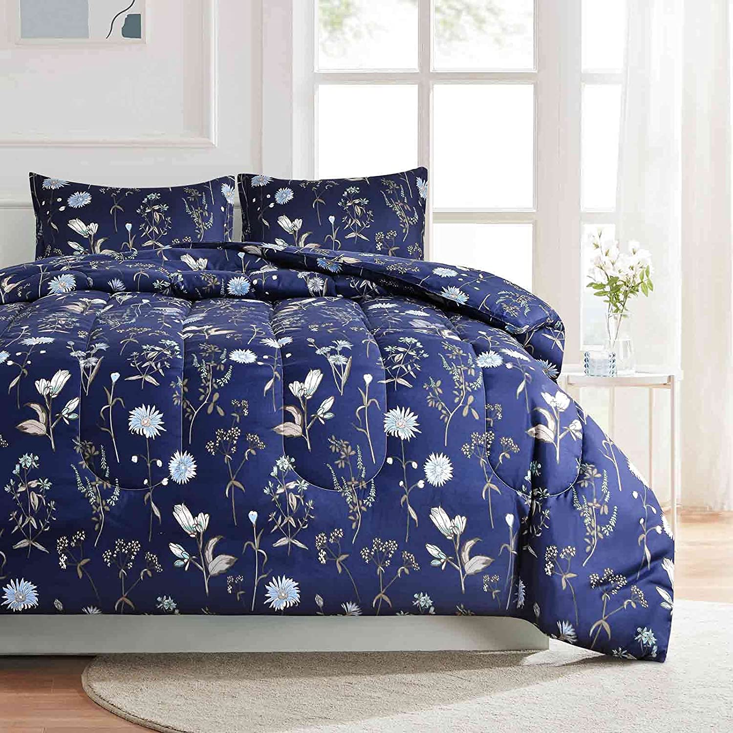 Price:$41.99 Queen Comforter Set 3pc, Navy Blue Floral Leaf Print Pattern Reversible Down Alternative Microfiber Bedding - All Season Duvet and 2Pillowcases Bed Sets for Women, Size 88 x 90 Flower Farmhouse : Home & Kitchen