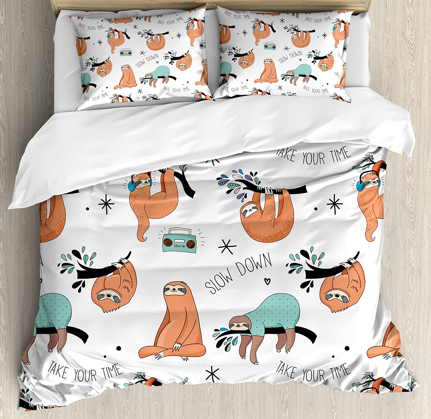 Price:$79.99 Sloth Duvet Cover Set, Pattern with Hand Drawn Sloths on Branches Laziness Mood Words Fun, Decorative 3 Piece Bedding Set with 2 Pillow Shams, Queen Size, Blue Orange : Home & Kitchen