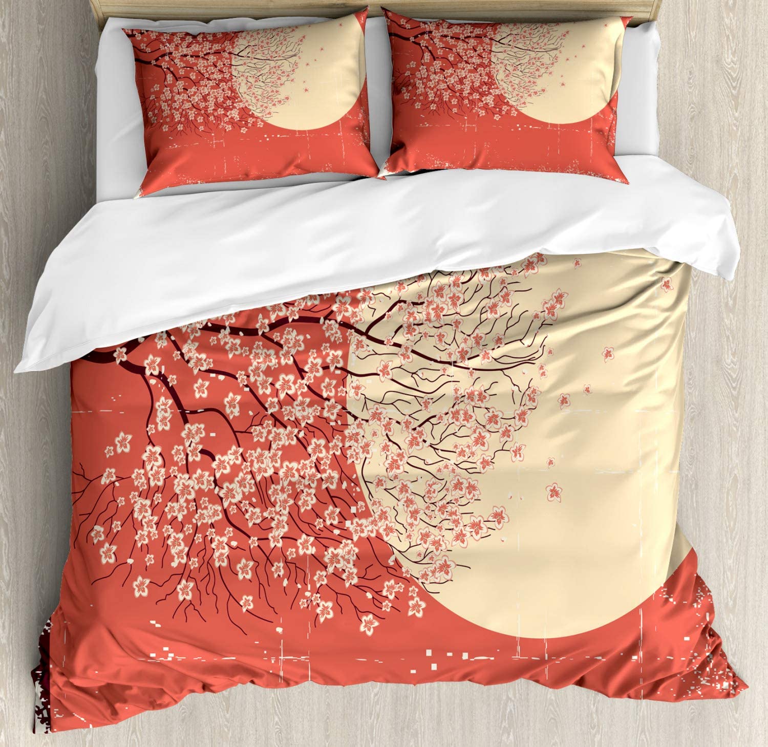 Price:$79.95 Spring Duvet Cover Set, Cherry Blossom Sakura Tree Branches on Moon Japanese Style Illustration, Decorative 3 Piece Bedding Set with 2 Pillow Shams, Queen Size, Coral Pale Yellow Plum : Home & Kitchen