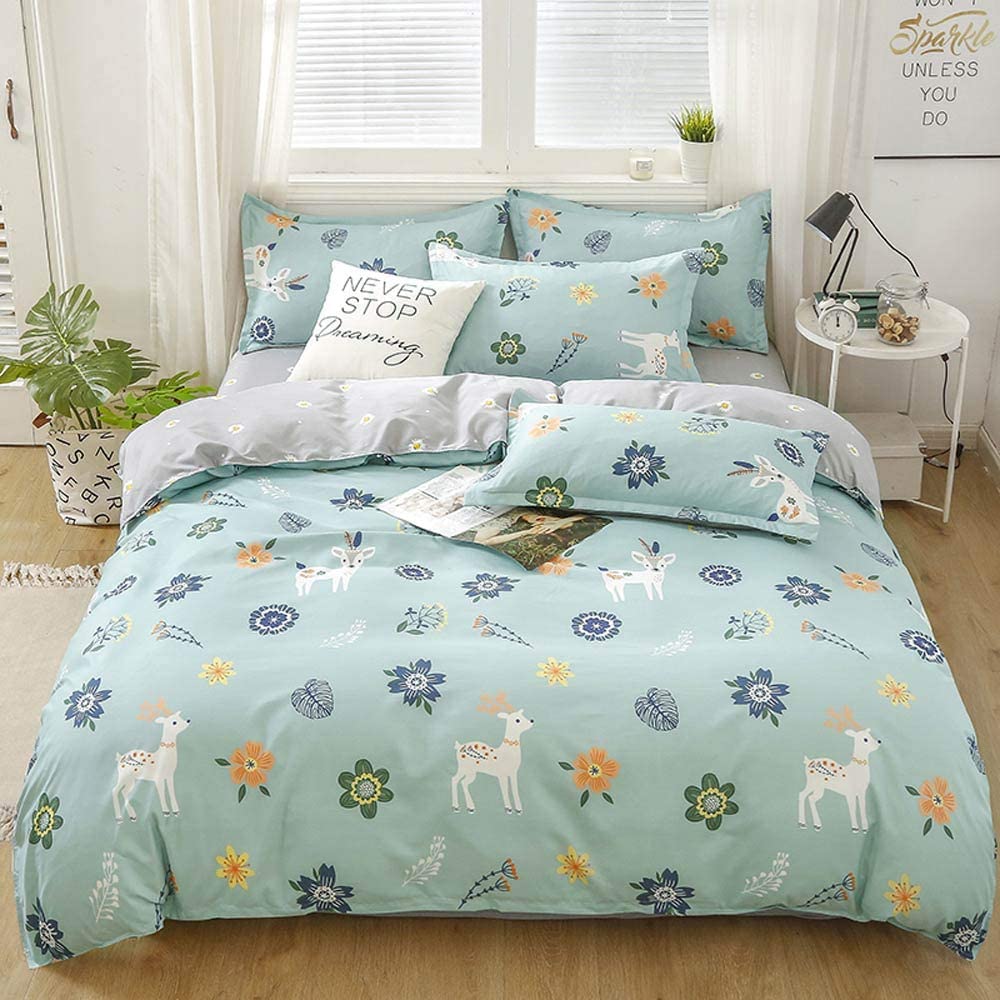 Price:$20.00 Green Deers Flowers Leaves Duvet Cover Set Bedding Set - Microfiber Polyester Cotton - Duvet Cover,Sheet,Pillow Cases (Full78x90inch) : Home & Kitchen