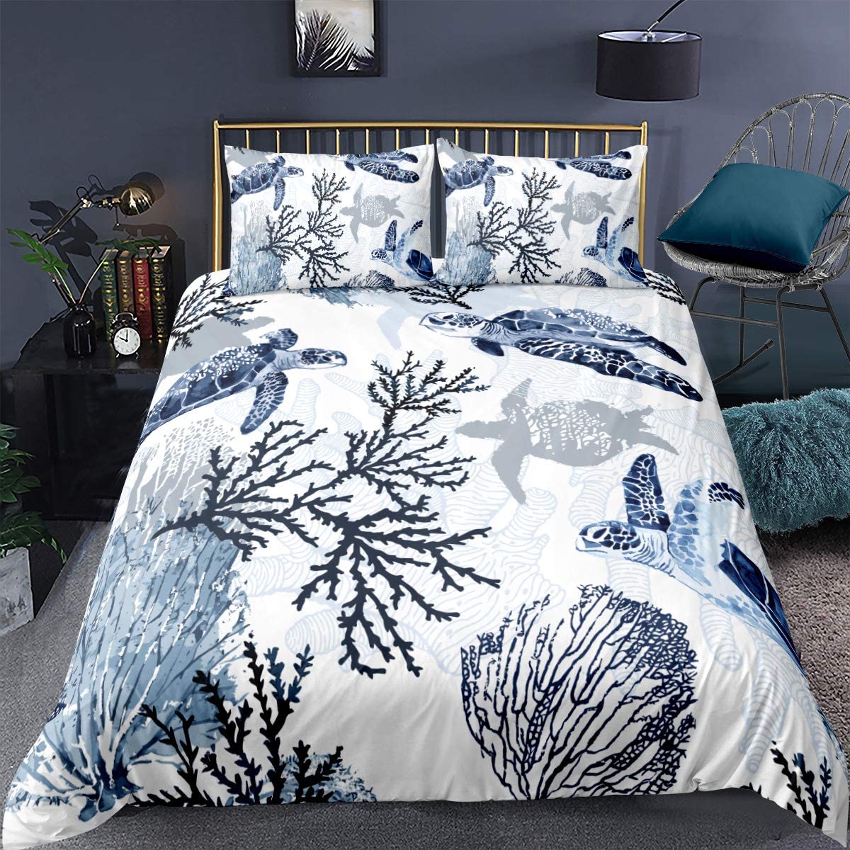 Price:$47.99 Navy Blue Turtle Duvet Cover Set, Sea Animal Seaweed Pattern Printed on White Comforter Cover, Premium Microfiber 3 Piece Bedding Set with Zipper Closure for Teen Girl Boy Adult King : Home & Kitchen