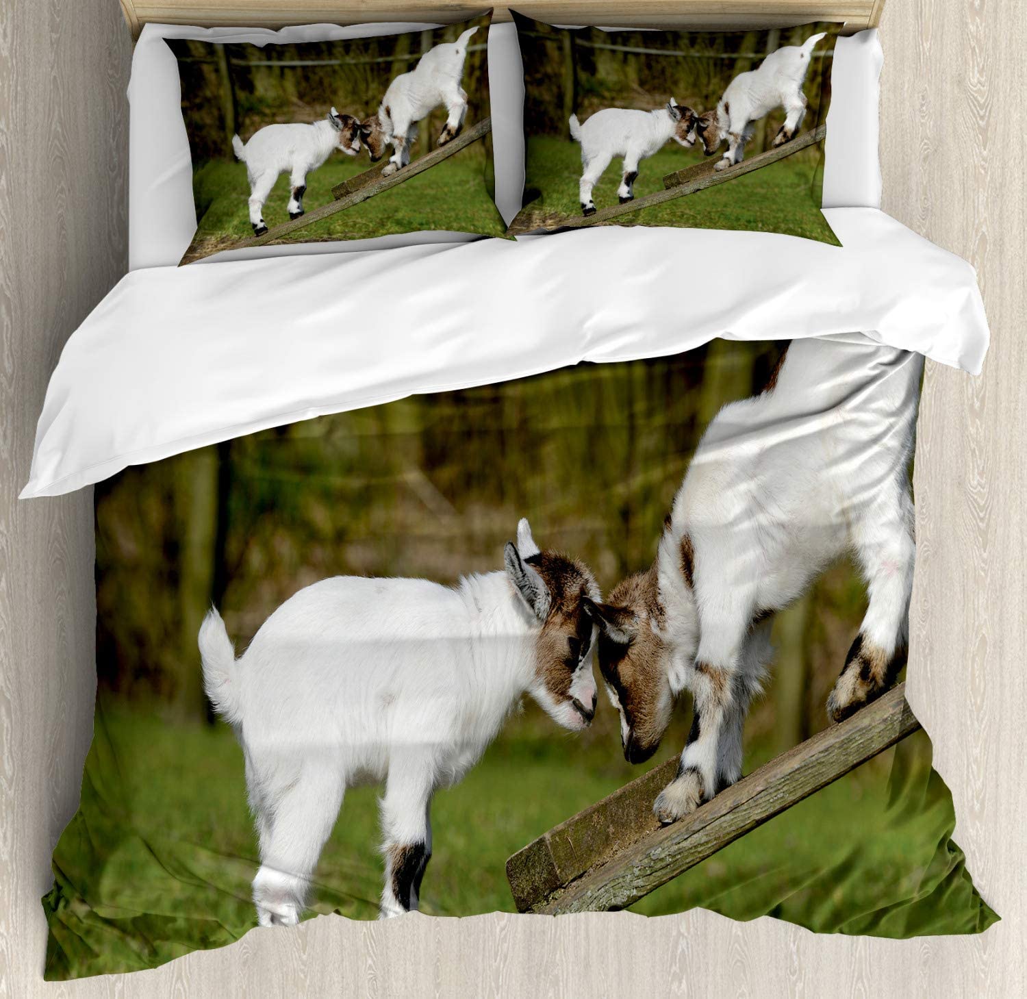Price:$19.98 Animal Duvet Cover Set, 2 Little Baby Goats on a Bench with Their Horns Picture Image Design, Decorative 3 Piece Bedding Set with 2 Pillow Shams, King Size, White Green : Home & Kitchen