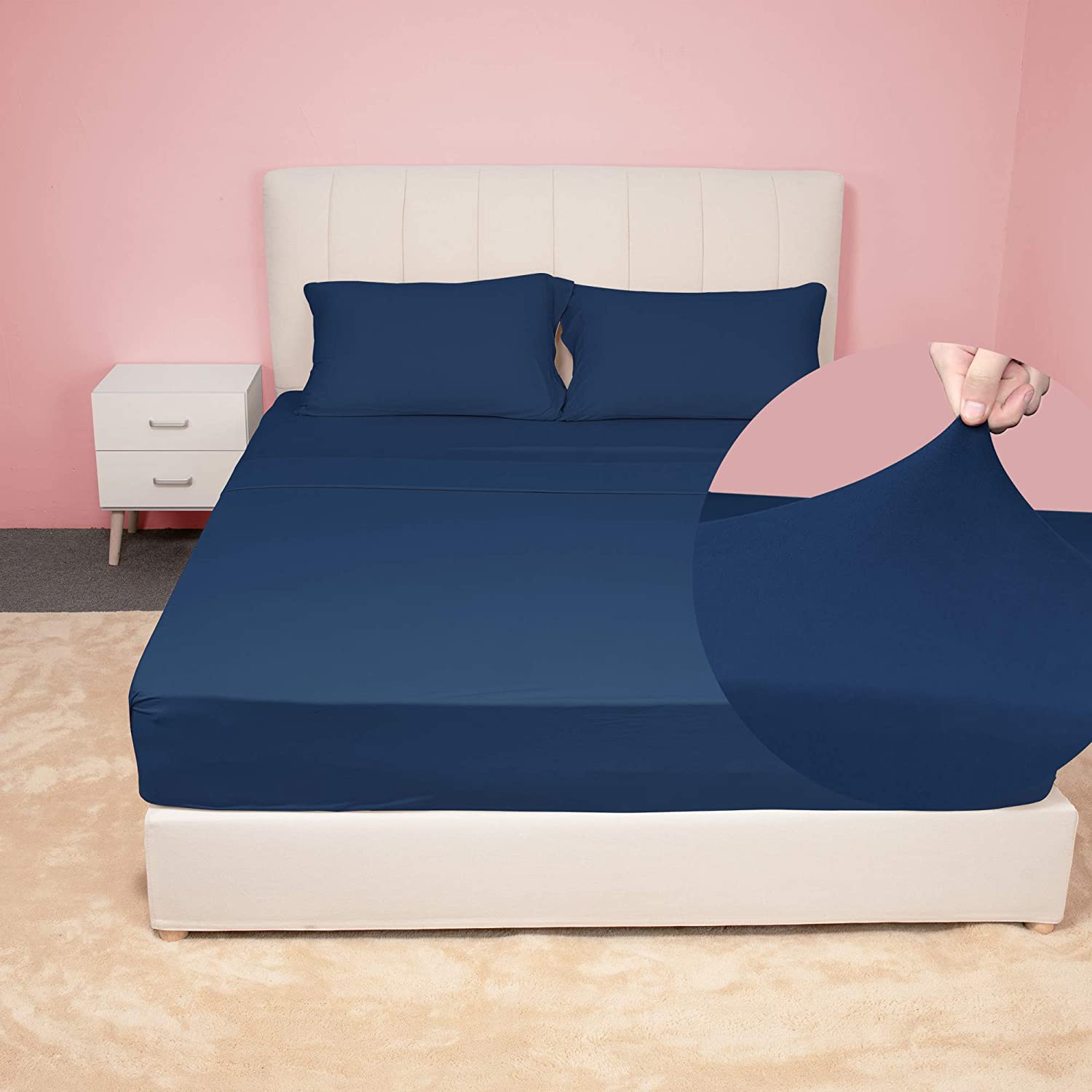 Price:$39.99 HOME Stretch Sheets Set King Size - Microfiber Jersey Knit & T-Shirt Like Extra Soft, 4 Way Stretchy Bed Sheets to Fit Most Mattress, Wrinkle Resistant - 4 Piece Sets, Navy, Cal King/King : Home & Kitchen