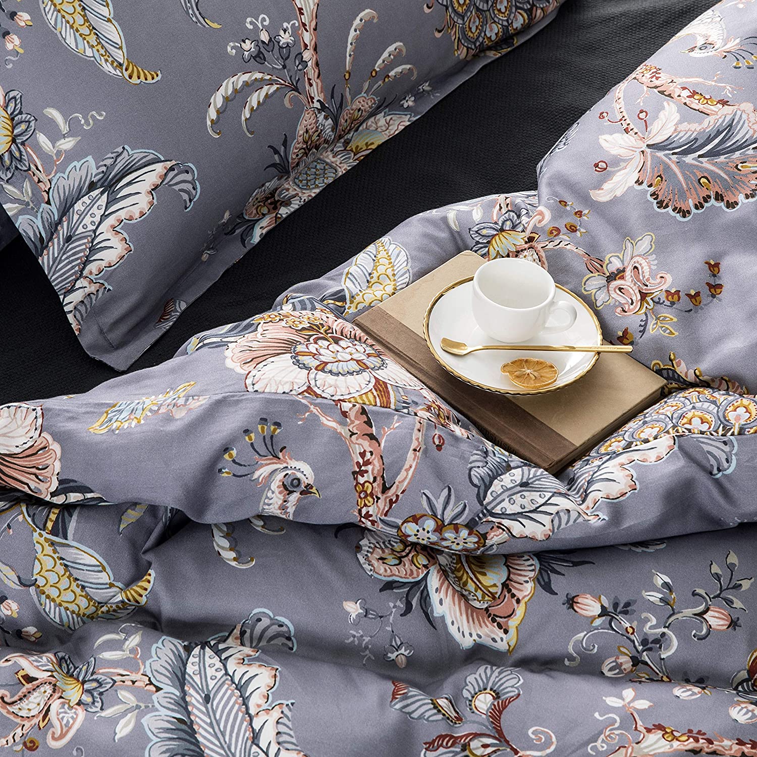 Price:$119.95 Home Luxury King 3 Piece Duvet Cover Set Peacock Jacobean Birds Flowers 100% Cotton Branches Vines Lilac Biege Mustard Black White Rust Taupe (King) : Home & Kitchen
