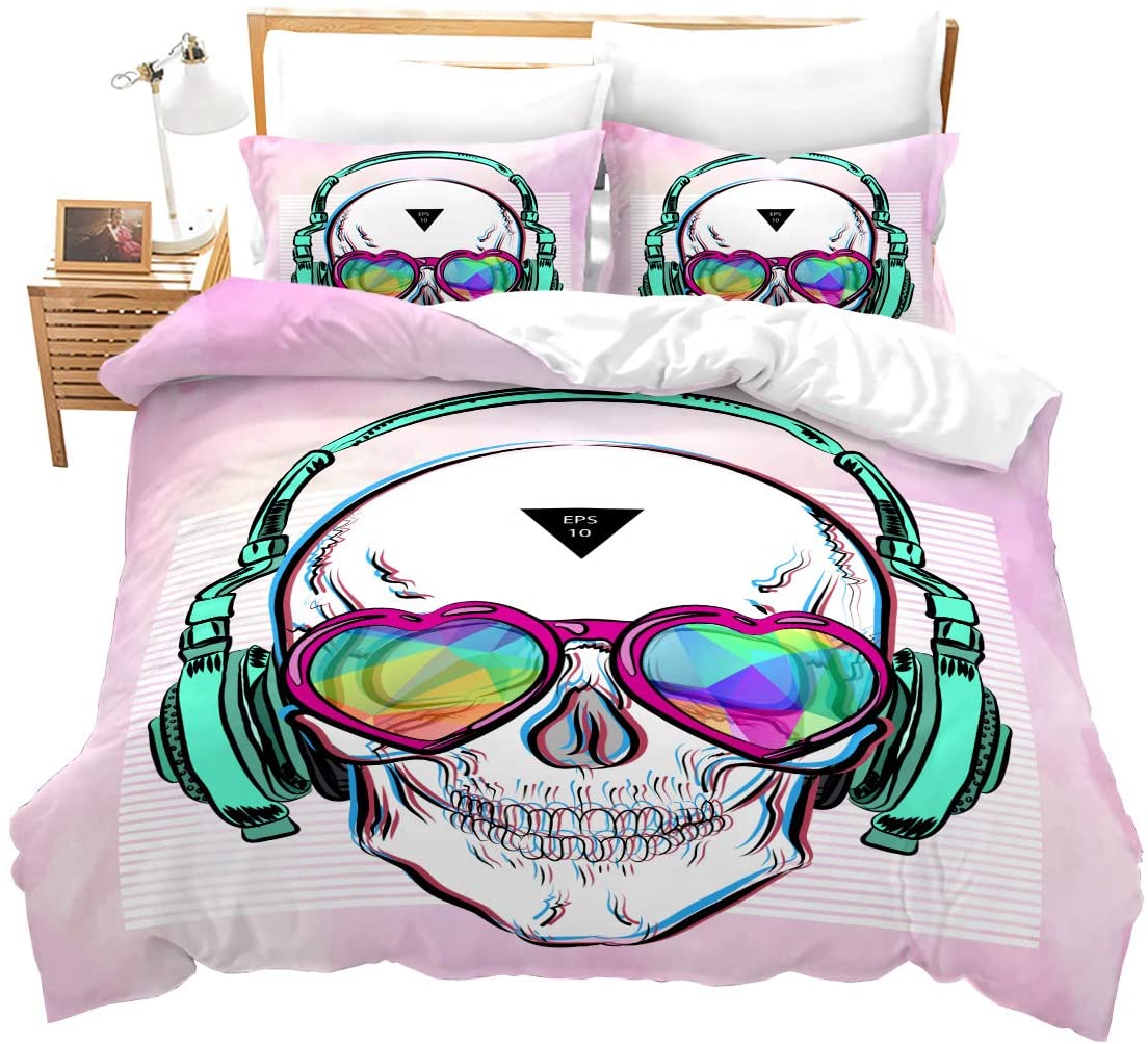 Price:$19.99 Girls Comforter Cover Set Skull Bedding Set Twin for Kids Teens Funny Skeleton Bones Print Duvet Cover Stripes Punk Rocker Headphones Heart Shaped Glasses Bedspread Cover 2 Pcs : Home & Kitchen