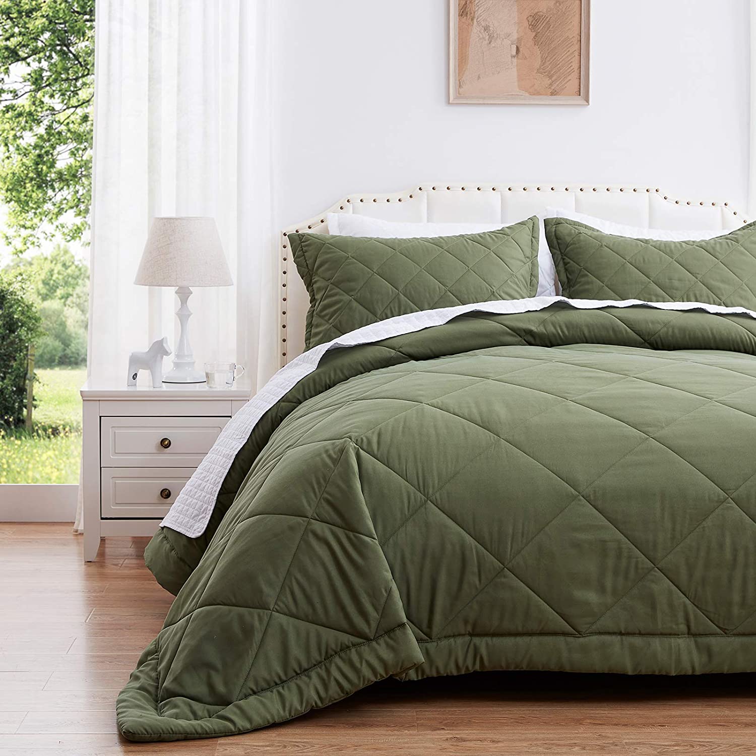 Price:$39.94 Home King Quilt Set Lightweight Green Comforter Set Diamond Pattern All Season 3 Pieces (1 Quilt, 2 Pillow Shams) : Home & Kitchen