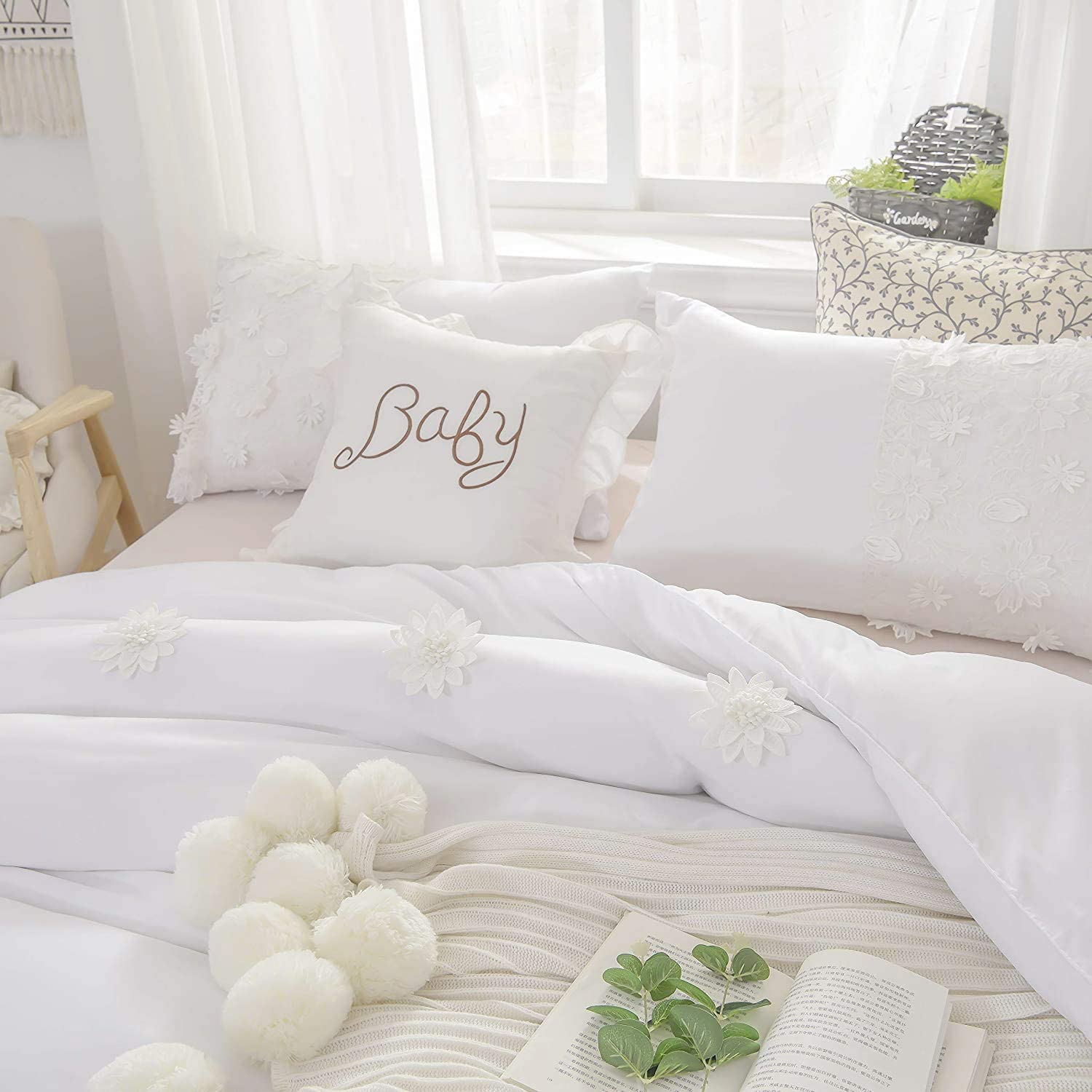 Price:$49.99 3pcs King Jacquard Duvet Cover Set - Floral Embroidered Duvet Cover Set- Girls Shabby Rustic Fairy Bedding Set, Princess Soft Cotton Jacquard Lace Wedding Style,White : Home & Kitchen