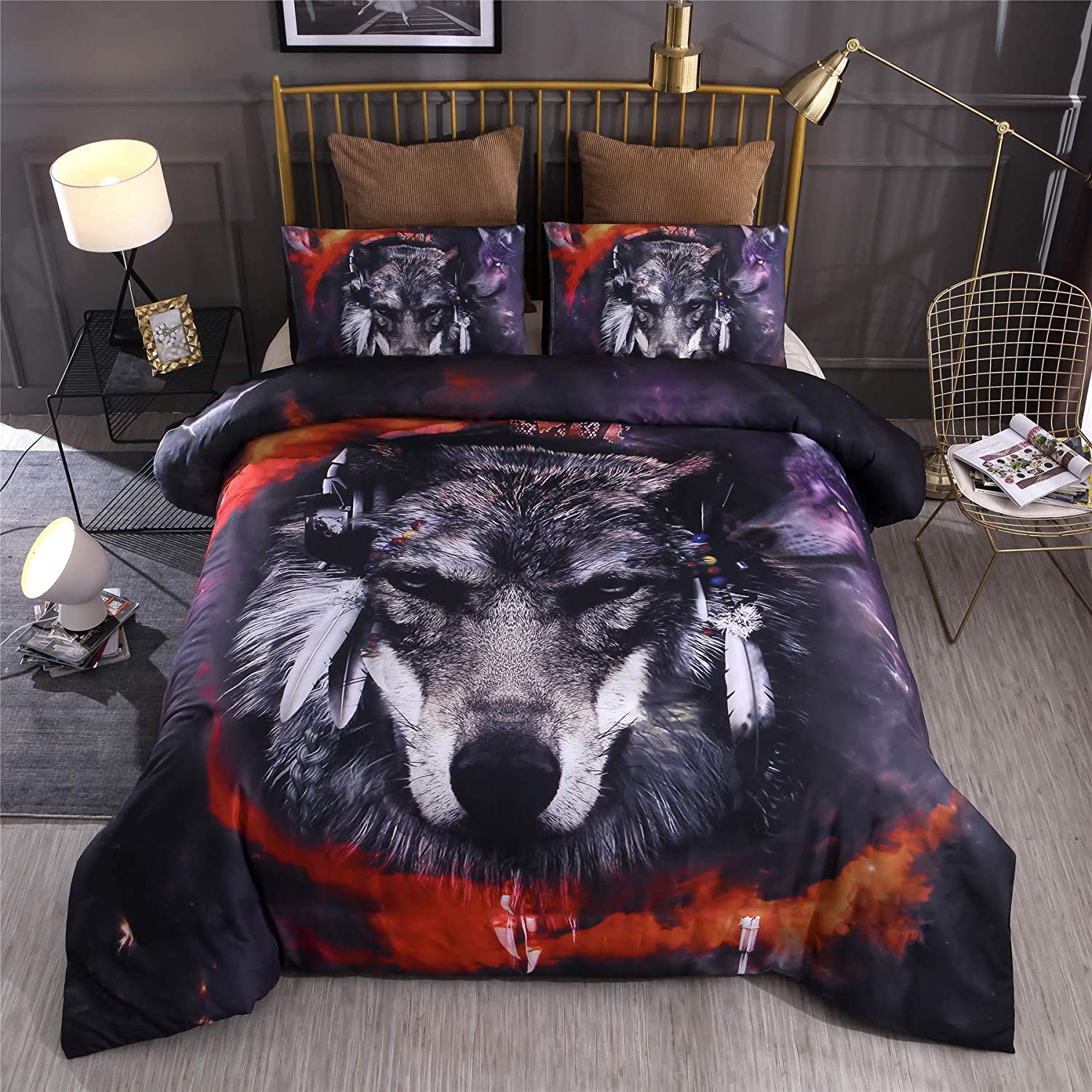 Price:$36.98 Bedding Duvet Cover Set Queen Size Stereoscopic Vision Wolf Dreamcatcher Pattern Black and Zipper Closure for Quilt Comforter All Seasons, 90"x90" (1 Duvet Cover +2 Pillowcase), Duvet Excluded : Home & Kitchen