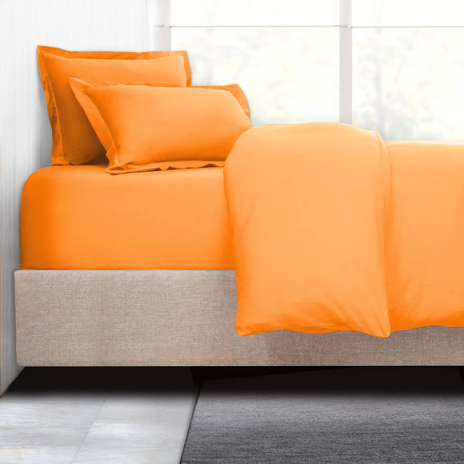 Price:$21.95 Duvet Cover with Fitted Sheet 4 Piece Set - Soft Double Brushed Microfiber Hotel Collection - Comforter Cover with Button Closure, Fitted Sheet, 2 Pillow Shams, Full - Light Orange : Home & Kitchen
