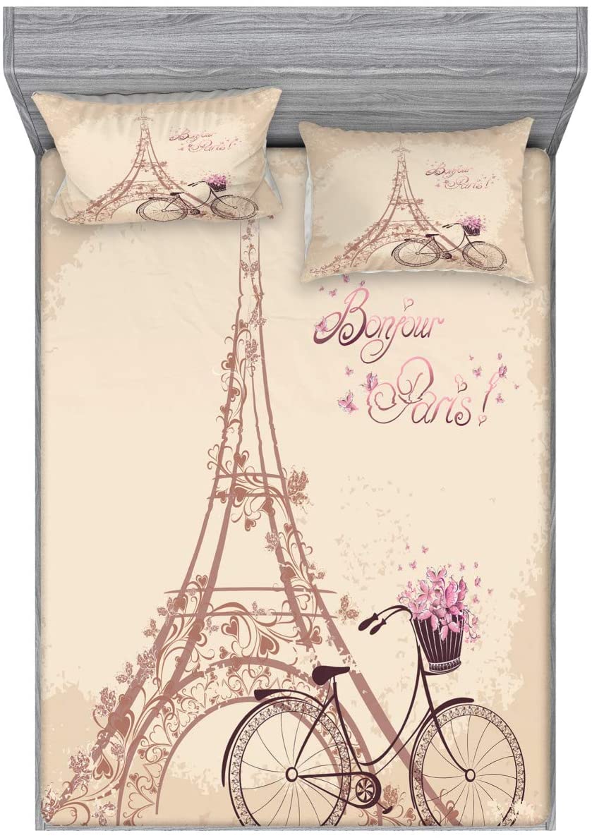 Price:$45.95 Paris Fitted Sheet & Pillow Sham Set, Eiffel Tower Floral Style Romantic Vintage Bike with Flowers Bonjour Paris Words Print, Decorative Printed 3 Piece Bedding Decor Set, Queen, Beige : Home & Kitchen
