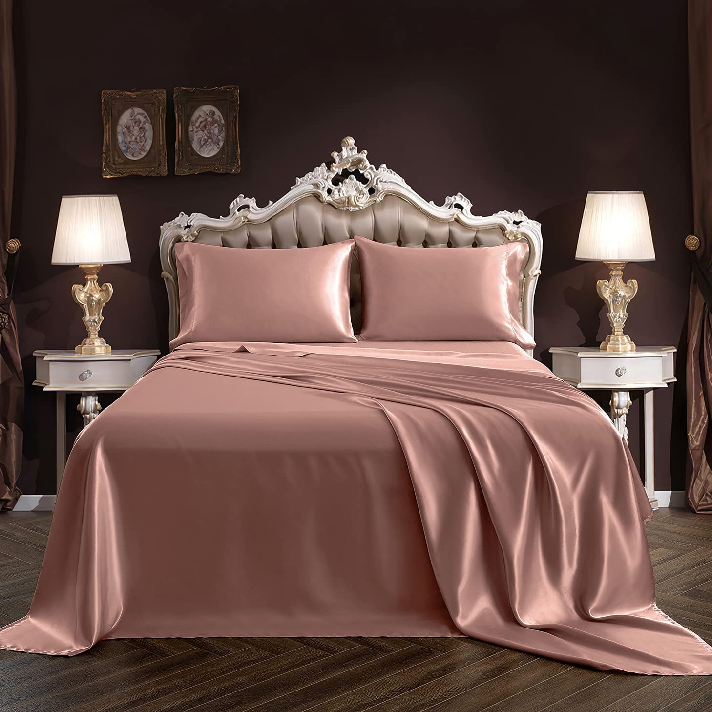 Price:$33.99 4Pcs Satin Sheet Set Queen Size Ultra Silky Soft Champagne Satin Queen Bed Sheets with Deep Pocket, 1 Fitted Sheet, 1 Flat Sheet , 2 Envelope Closure Pillowcases : Everything Else