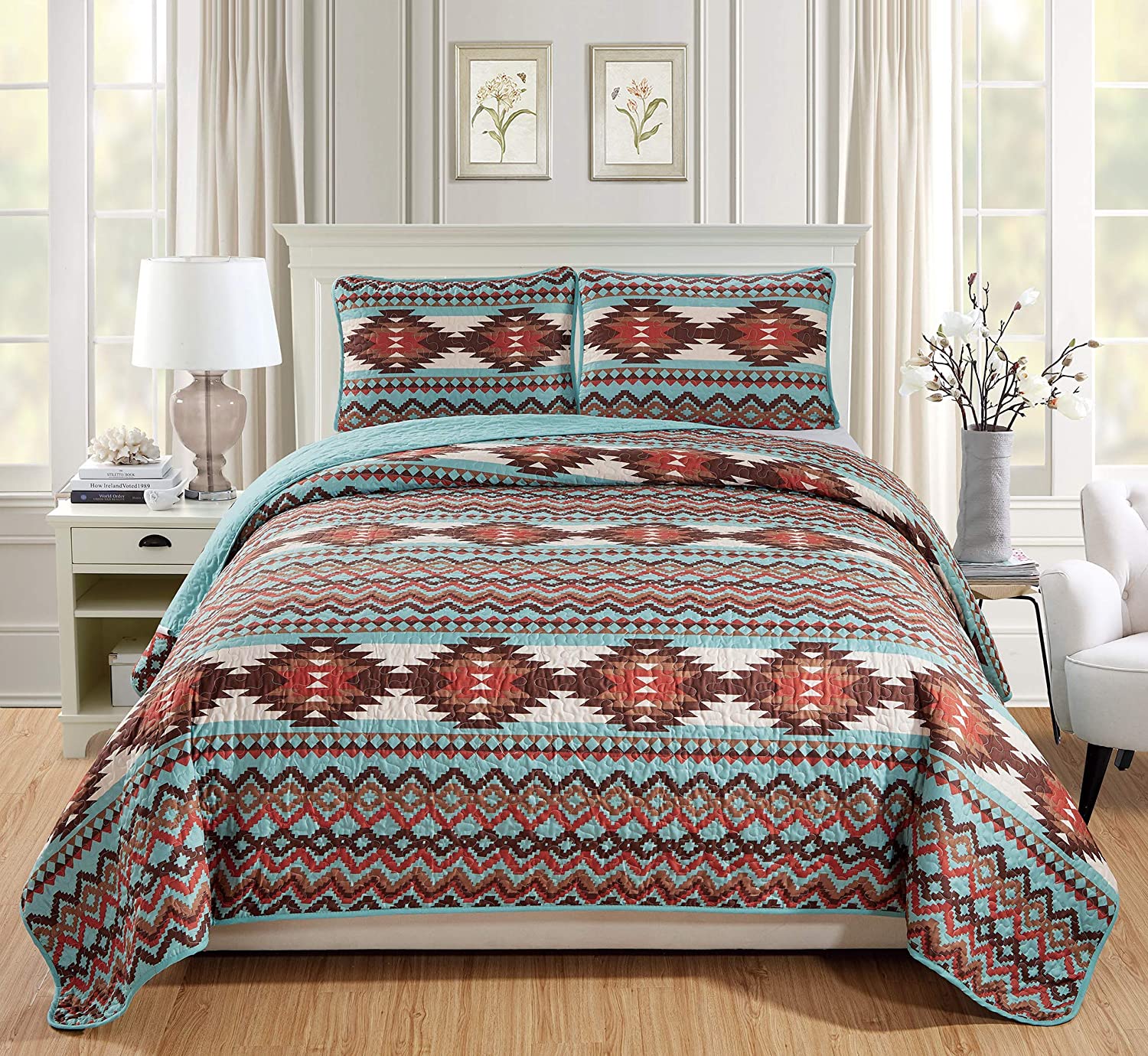 Price:$64.99 4 Less Rustic Southwestern Quilt Stitched Western Bedspread Bedding Set with Tribal Native American Patterns - Utah (Turquoise, Full - Queen) : Home & Kitchen