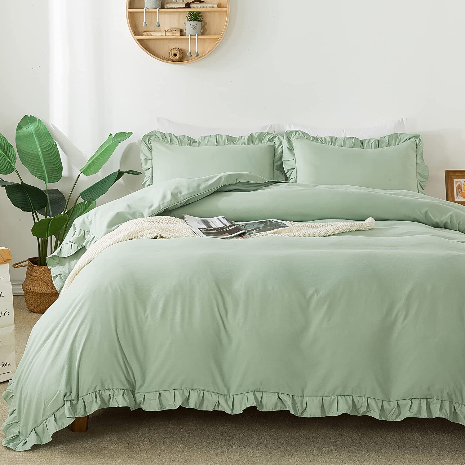 Price:$35.99 Sage Greeen Ruffle Duvet Cover Set King(104x90Inch), 3 Pieces(1 Ruffled Duvet Cover and 2 Pillowcases) Farmhouse Shabby Chic Soft Microfiber Duvet Cover Set with Zipper Closure & Corner Ties : Home & Kitchen