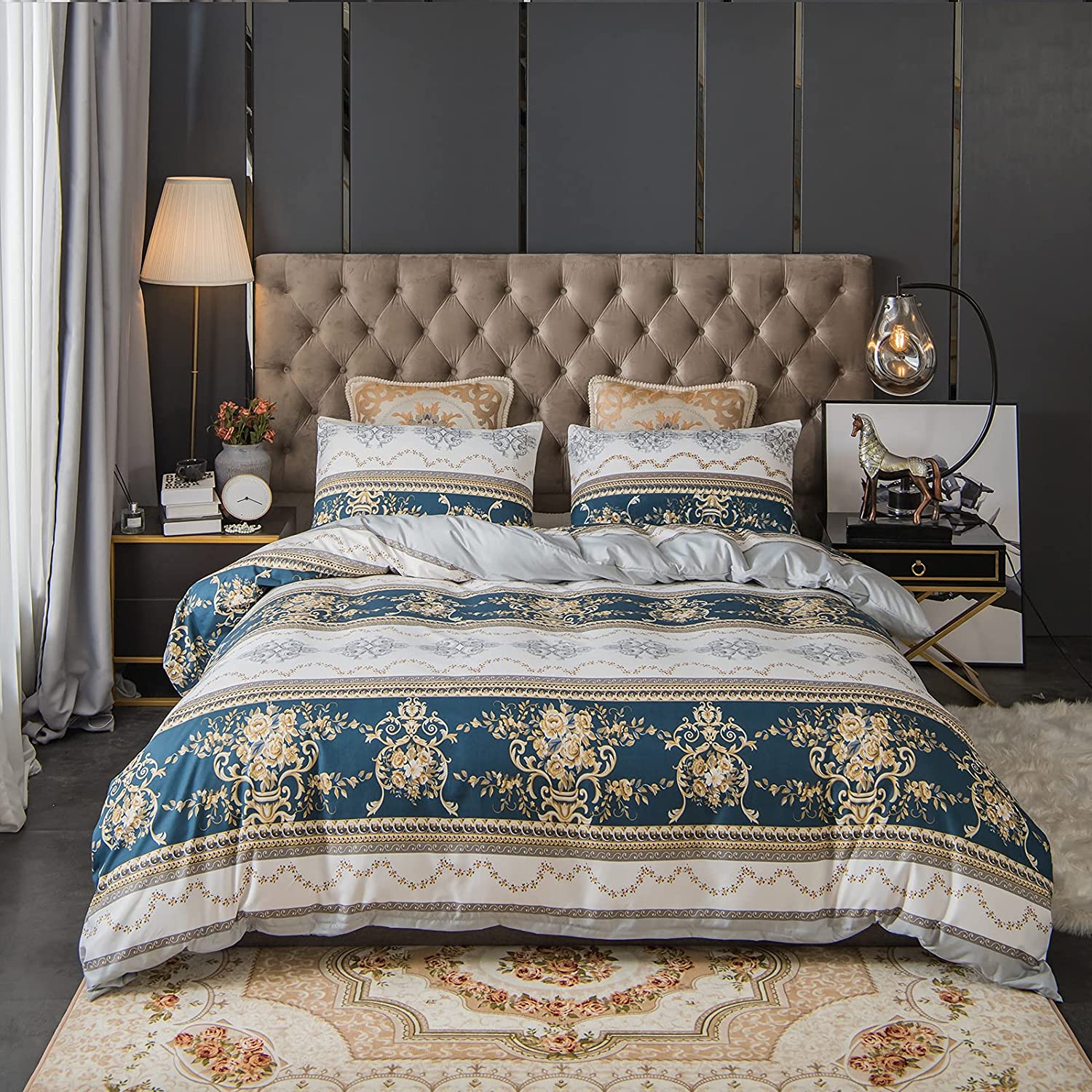 Price:$12.99 Flower Bedding Luxury Gold Duvet Cover Sets Gold Floral and Owls Printed Chic Boho Blue Bedding Sets Twin 1 Duvet Cover 1 Pillowcase (Twin, Blue Gold) : Home & Kitchen