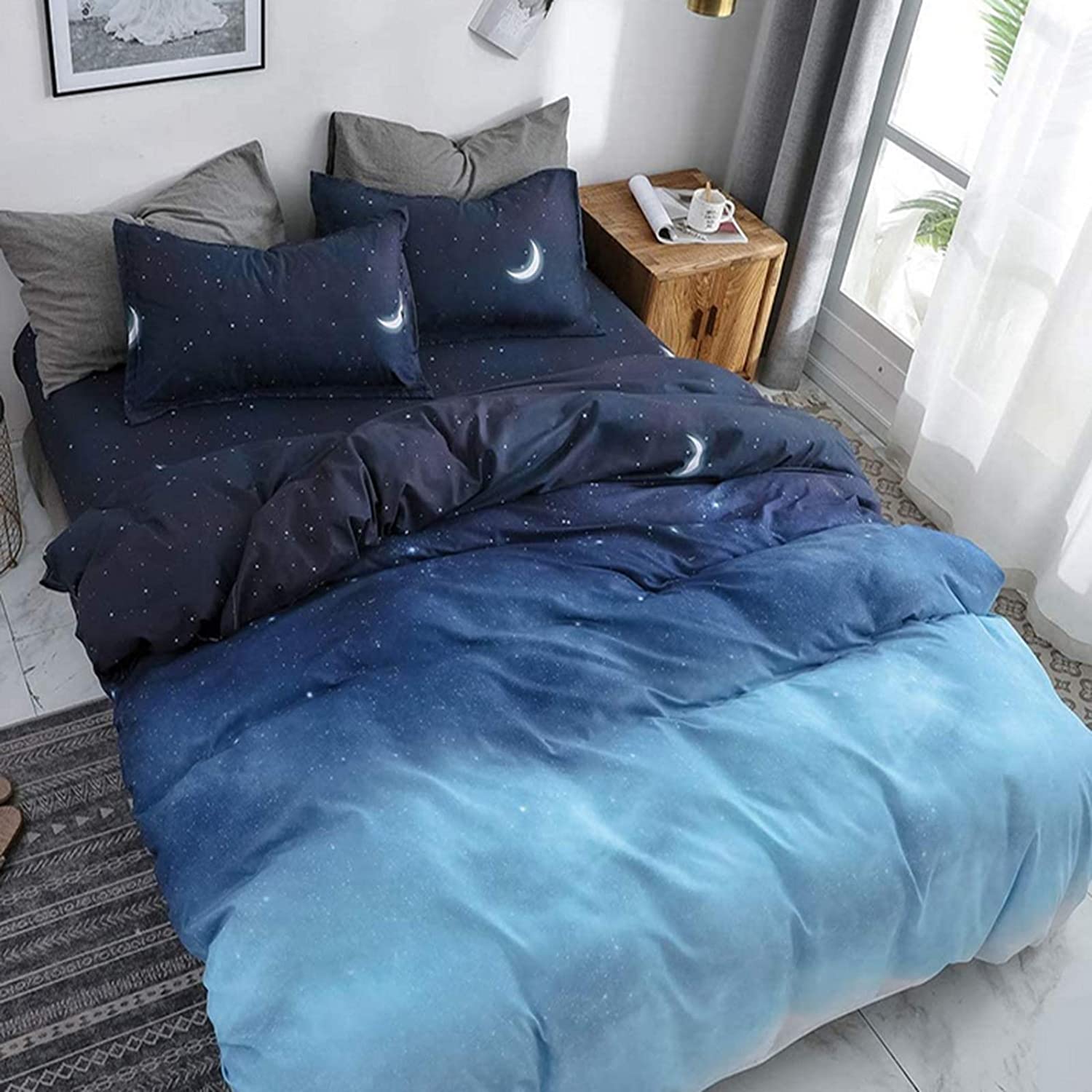 Price:$26.99 Moon Duvet Cover Set Queen Blue Galaxy Reversible Bedding Duvet Cover Microfiber Durable 3 Pieces Comforter Cover with 2 Pillow Cases Hidden Zipper for Kids Teens (Blue/ Black, 90"x90") : Everything Else