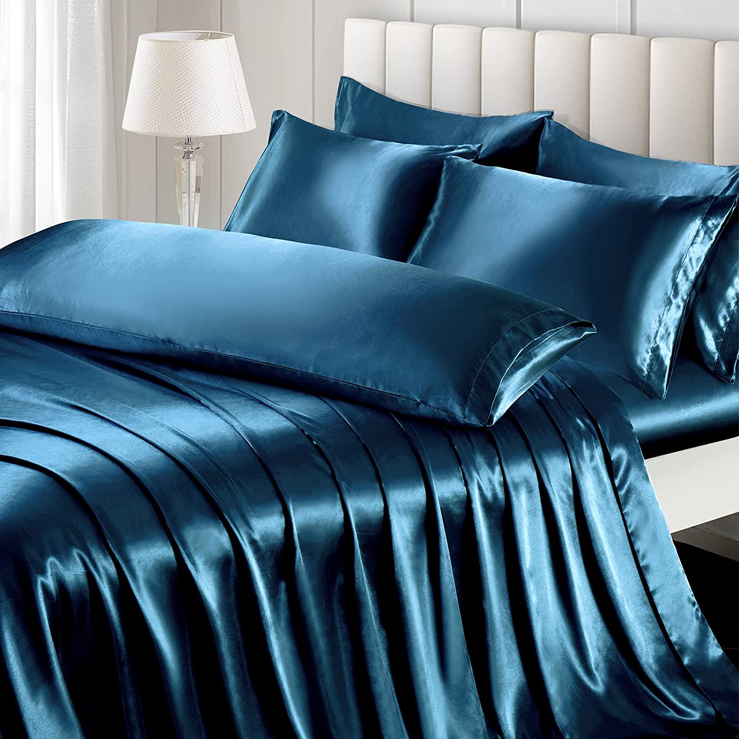 Price:$37.99 7 Pieces Satin Sheets Set Queen Size, Luxury Silky Navy Blue Satin Bed Sheets Set with 1 Deep Pocket Fitted Sheet, 1 Soft Flat Sheet, 4 Queen Pillowcases and 1 Body Pillowcase : Home & Kitchen