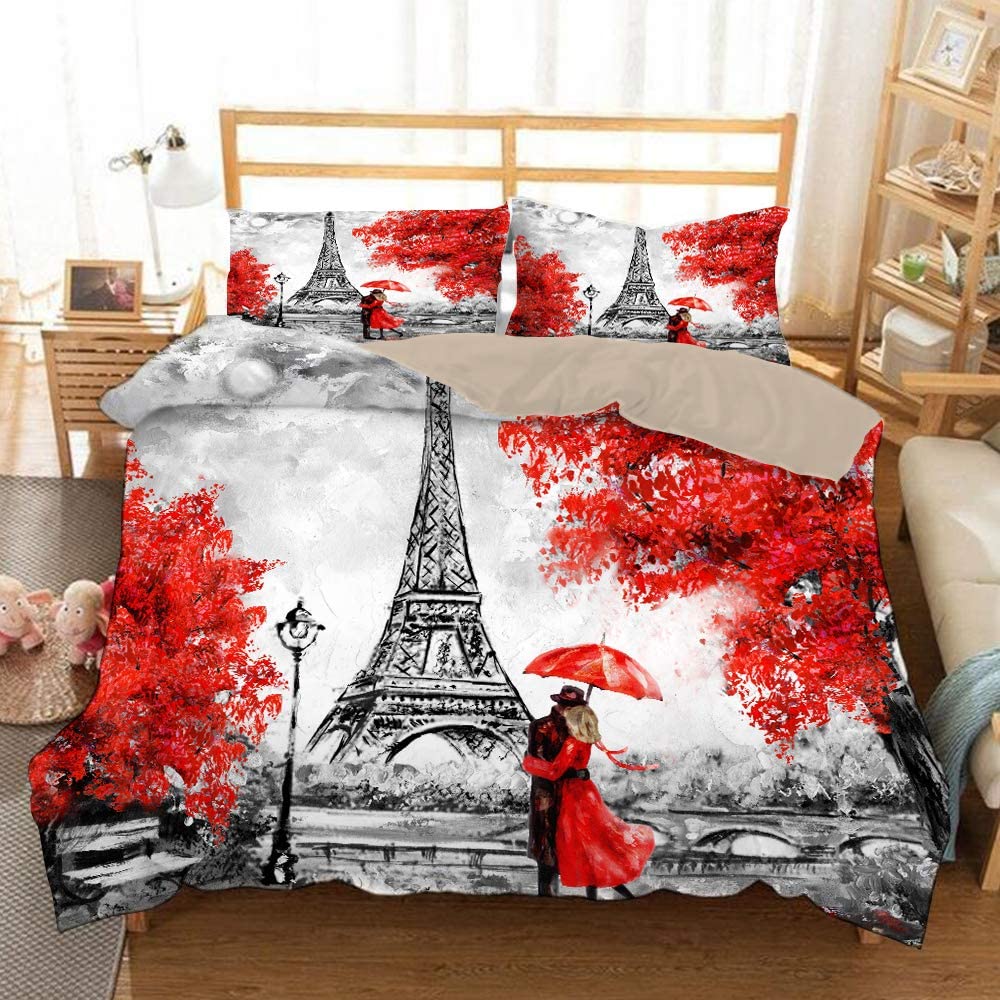 Price:$54.99 NF Paris Bedding Set Queen Size Eiffel Tower Duvet Cover Set Red Maple Leaf with Lover Couple in The Street Comforter Cover for Girls Women 1Duvet Cover 2 Pillowcases : Home & Kitchen