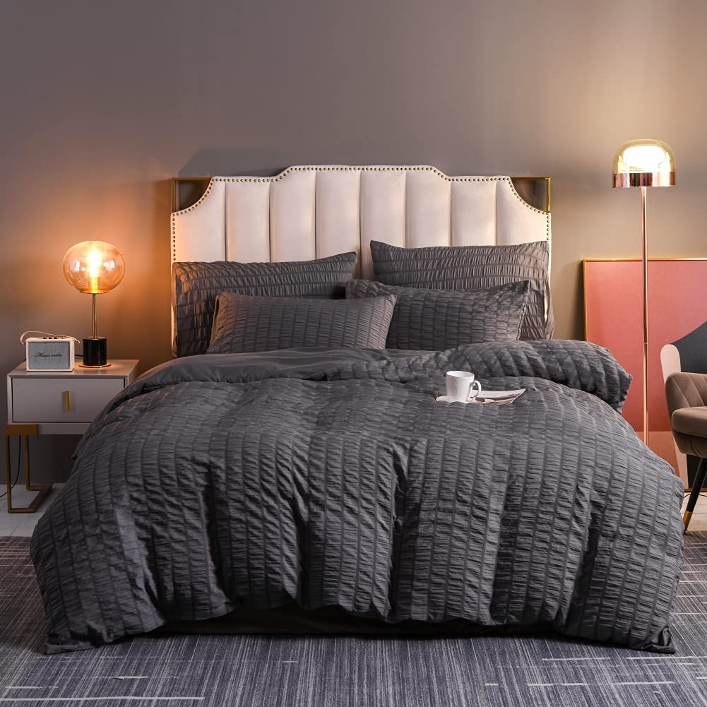 Price:$30.59 Seersucker Comforter Cover Set, Queen 3 Pieces - 100% Soft Washed Microfiber Lightweight Bedding Set with 1 Pillowcase, All Season Down Alternative Duvet Cover Set for Bedding, Dark Gray : Home & Kitchen