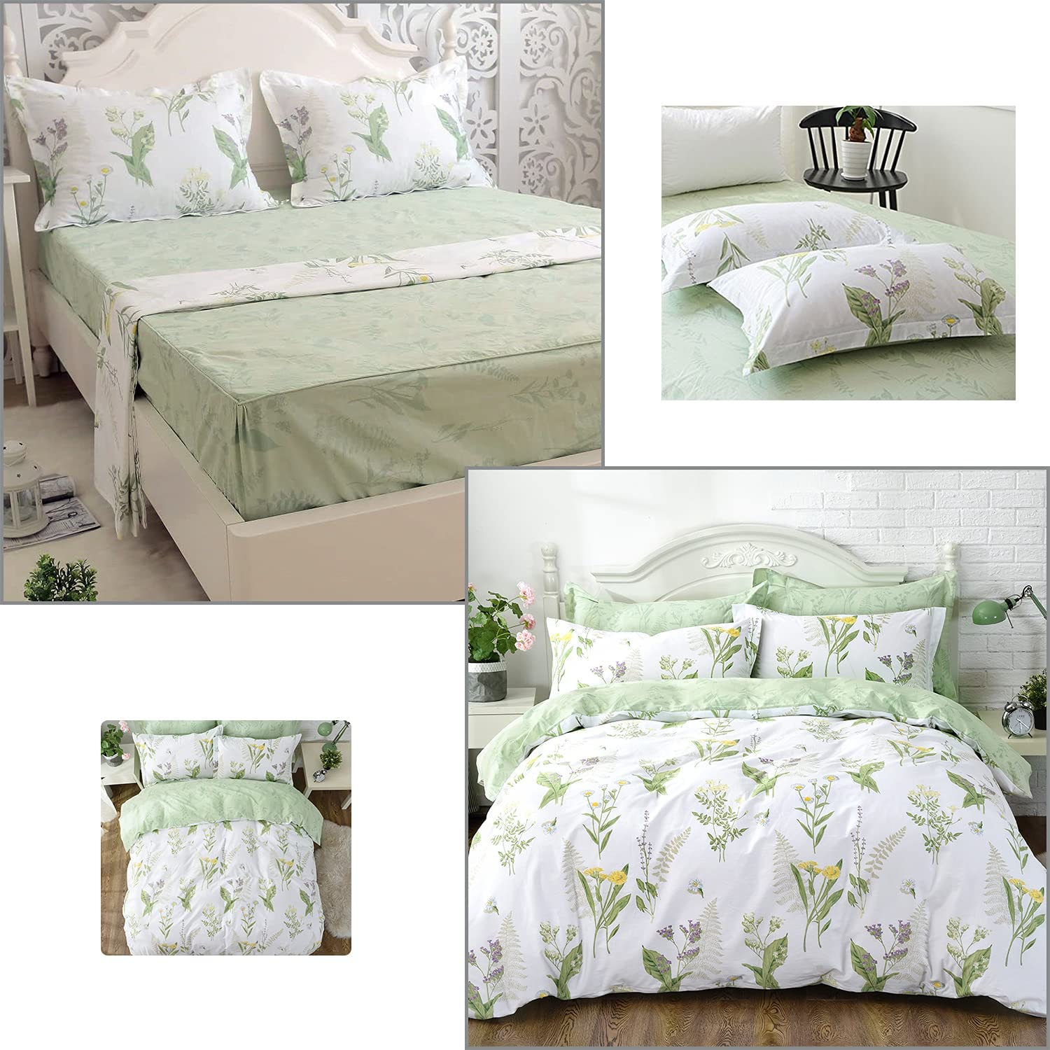 Price:$159.00 Green Floral Bedding Set Queen Premium 100% Cotton Hypoallergenic Lavender and Daisy Floral Bedding Pastoral Style Green Duvet Cover Sheet Set 7-Pieces : Home & Kitchen