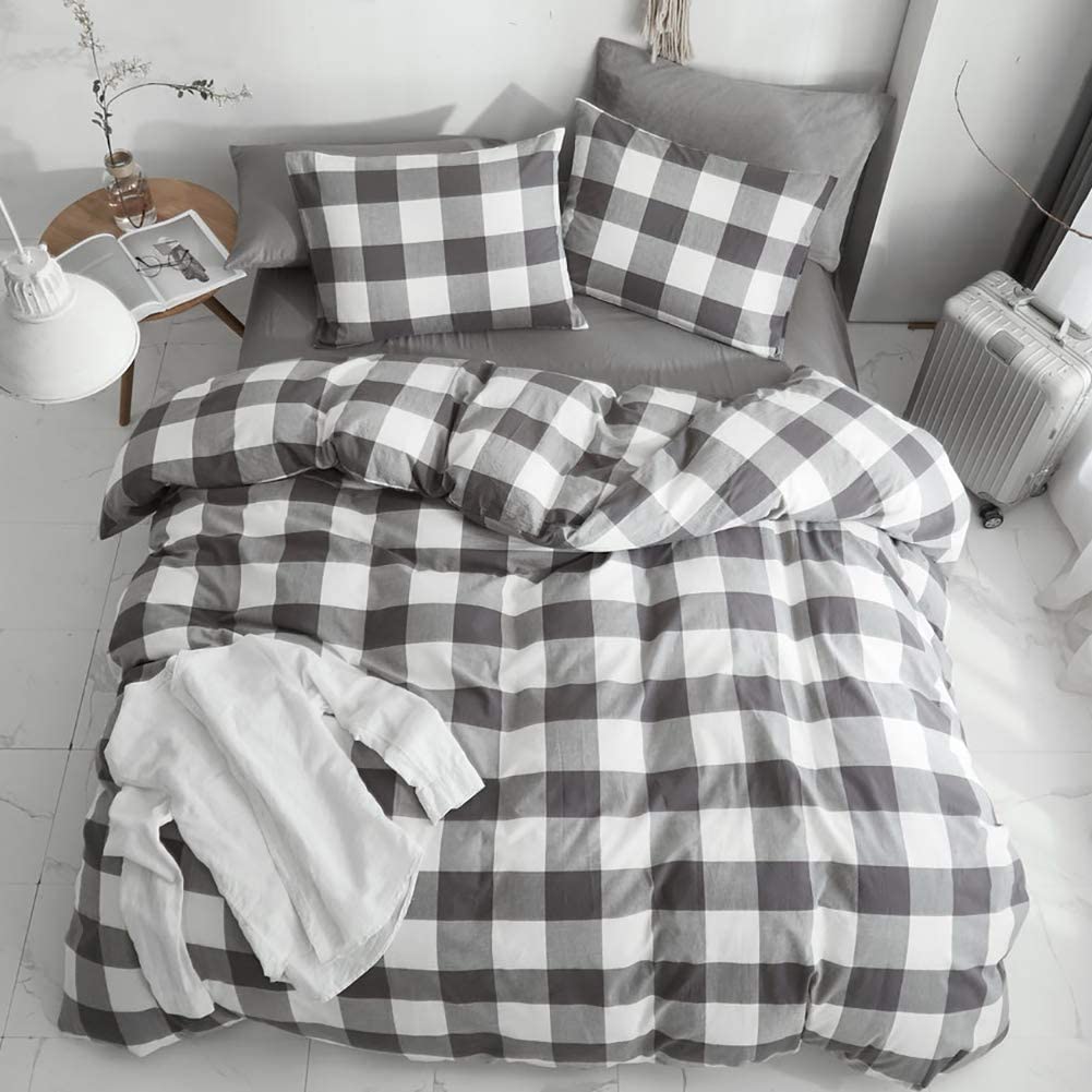Price:$57.99 100% Washed Cotton Duvet Cover King,Gray Buffalo Plaid Comforter Cover King - Ultra Soft Comfortable King Bedding Set : Home & Kitchen
