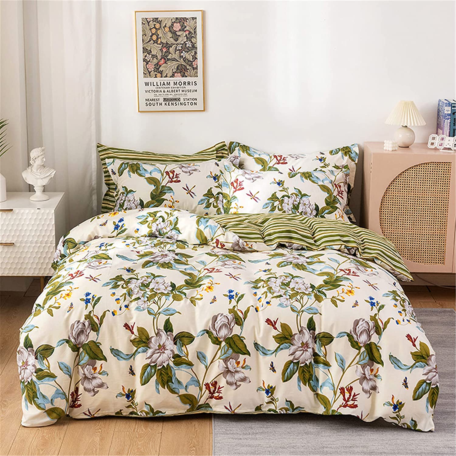 Price:$75.00 100% Cotton Green Striped and Beige Bedding Beige Floral Duvet Cover Set Queen White Flower Branches Print Soft Cotton Reversible Zipper Bed Cover & 2 Pillowcases : Home & Kitchen
