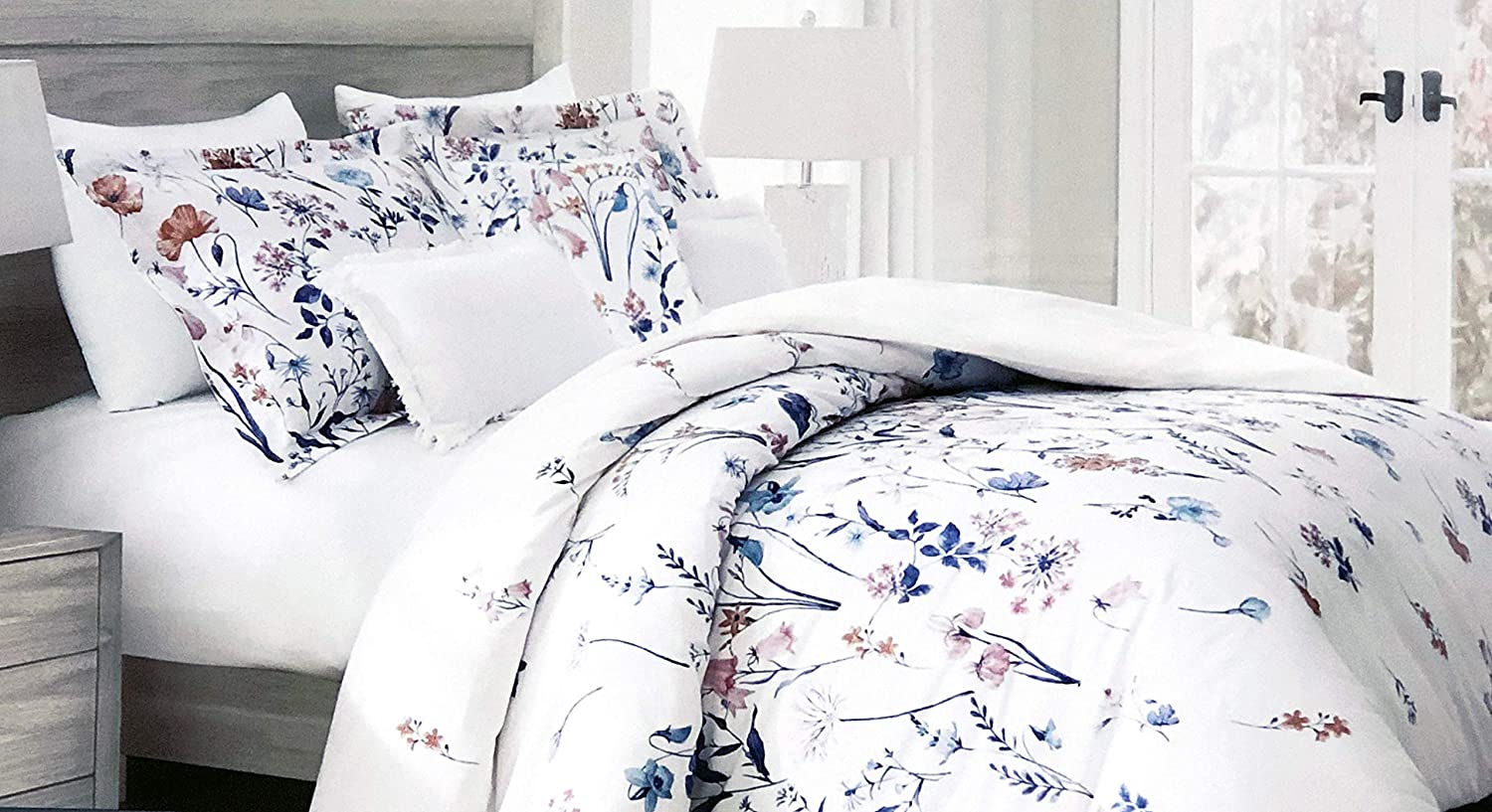 Price:$119.99 Bedding 3pc Floral Cotton King Duvet Set Pink and Blue on White Spring Flowers Pattern Luxury Bedding Set French Style Comforter Quilt Cover with Shams : Home & Kitchen