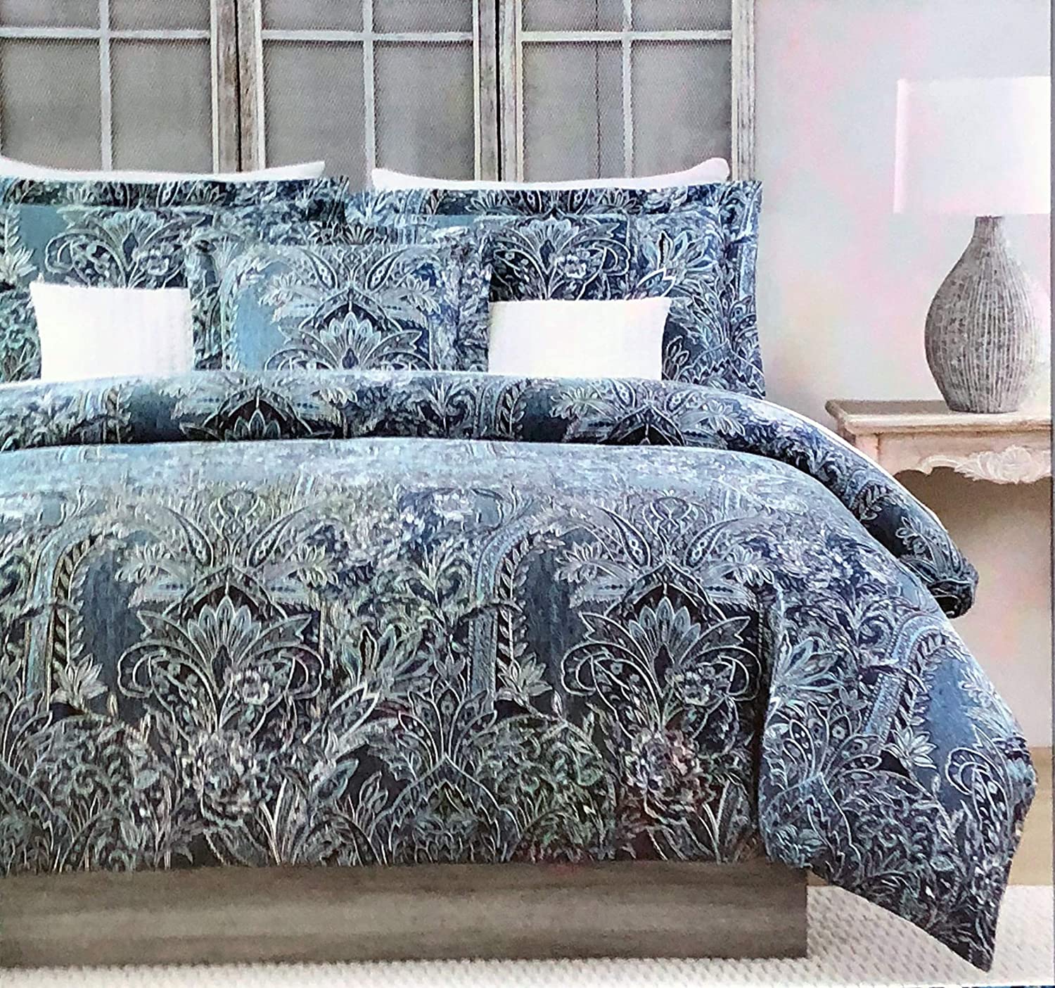 Price:$95.99 Bedding 3 Piece Queen Duvet Cover Set Classical Floral Medallions Pattern in Shades of Blue Gray White : Home & Kitchen