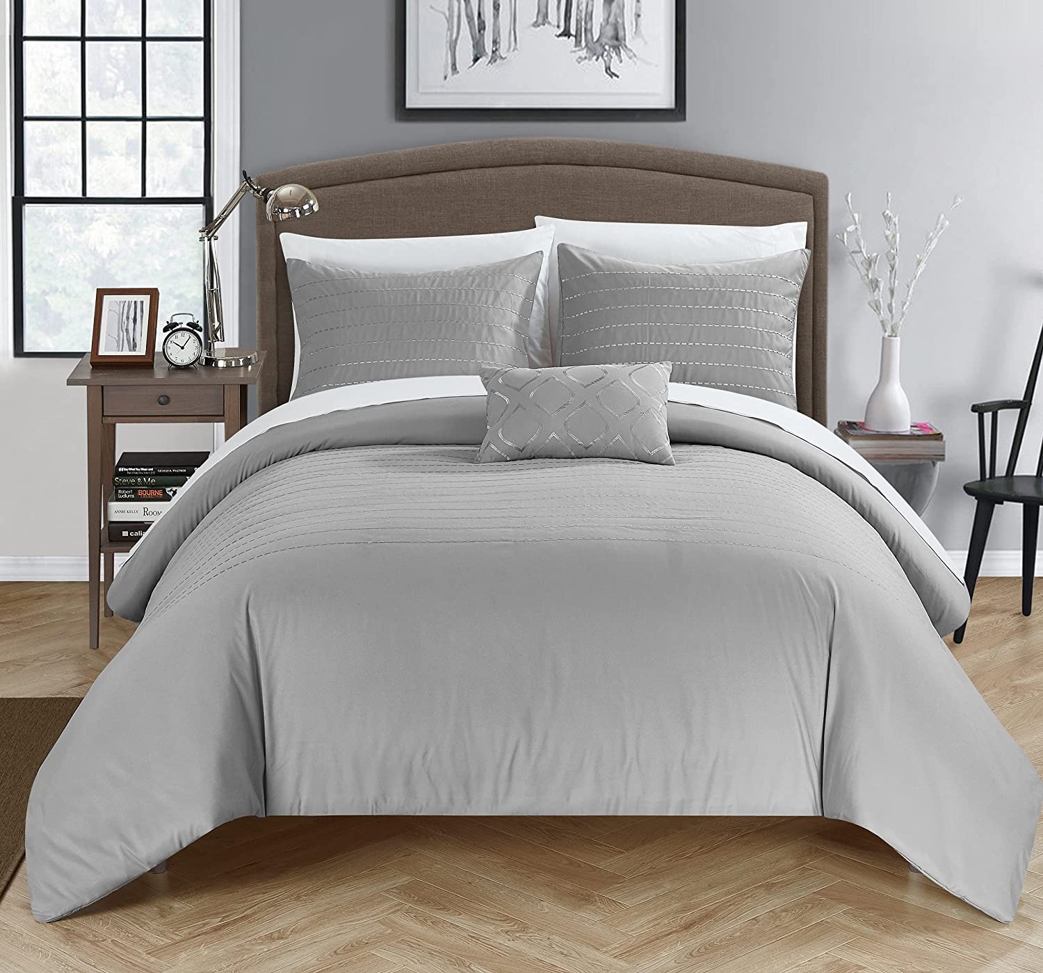 Price:$42.04 Home 4 Piece Bea Embroidered Duvet Cover Set Shams and Decorative Pillow, Queen, Grey : Home & Kitchen