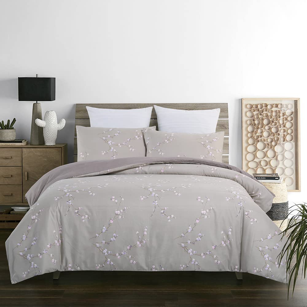 Price:$32.95 Soft Brushed Microfiber Duvet Cover Set with Zipper Closure and Corner Ties, Branch Floral Printed Pattern, Reversible Design (Queen, Green/Grey) : Home & Kitchen