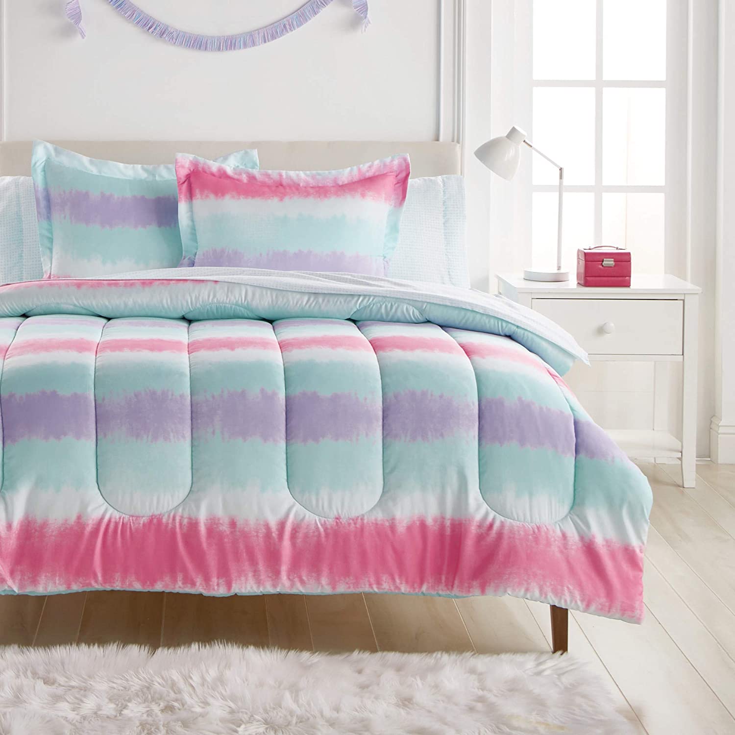 Price:$50.70 FACTORY Kids 7-Piece Complete Set Easy-Wash Super Soft Microfiber Comforter Bedding, Full, Purple Multi Tie Dye Stripe : Home & Kitchen