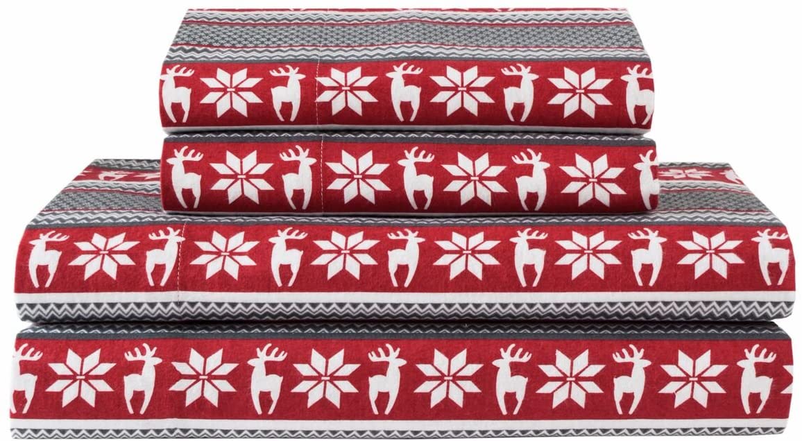 Price:$35.98 Home Products Deep-Pocketed Winter Nights 100% Cotton Flannel Sheet Set, Full, Deer/Red : Home & Kitchen