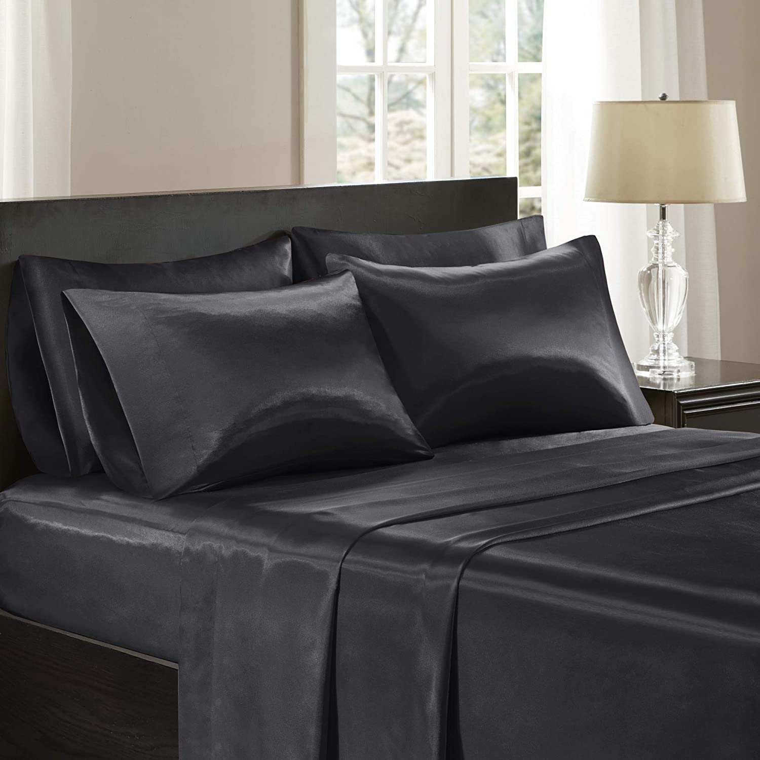 Price:$26.27 Park Essentials Satin Wrinkle-Free Luxurious and Silky with 16" Deep Pocket 6 Piece Durable Sheet Set, Full, Black : Home & Kitchen