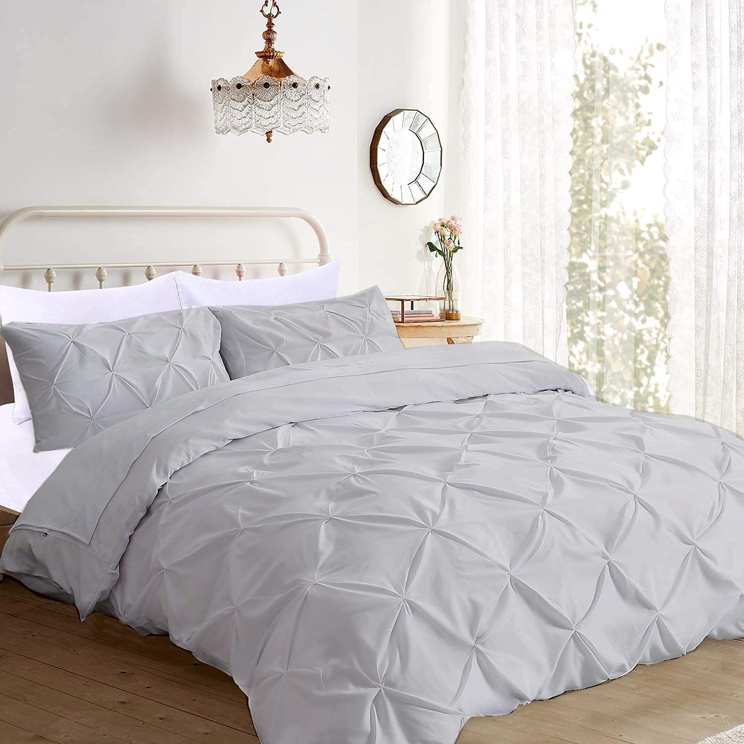 Price:$85.99 Kraft Pintuck Duvet Cover Set | Pintuck Comforter Cover | Light Gray Duvet Cover Queen | 3 Piece Pinch Pleat Duvet Cover (Oversized King, Silver) : Home & Kitchen
